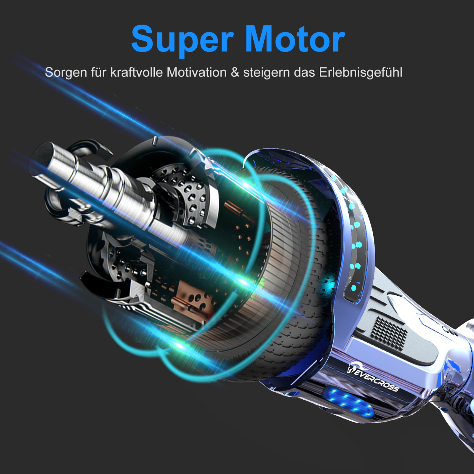 Elektromotor mit blauen Lichtakzenten. Text liest sich Super Motor. Text sagt auch 'Evercross' Logo ist sichtbar.