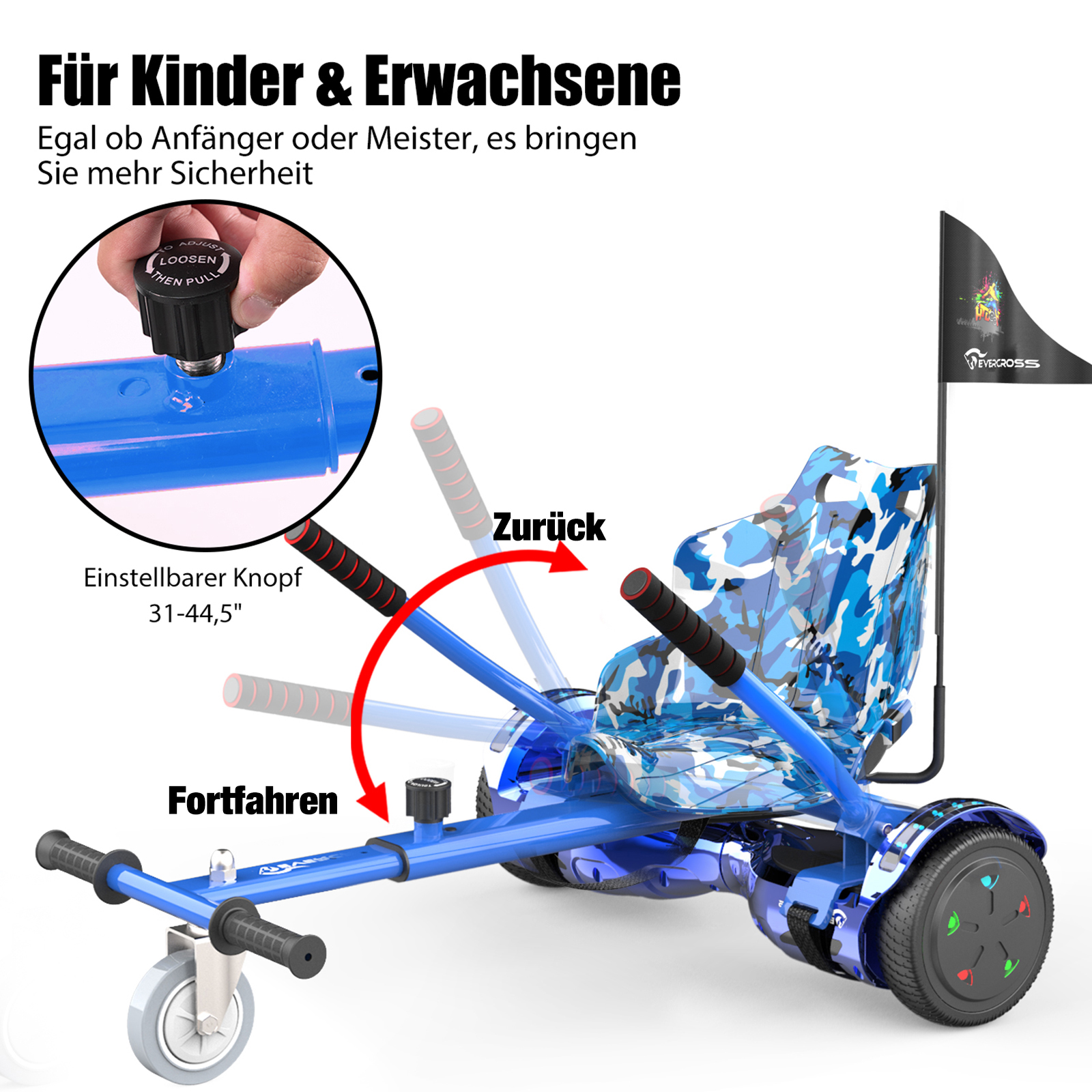Blaues Hoverboard für Kinder und Erwachsene. Anweisungen sind im Bild gezeigt.