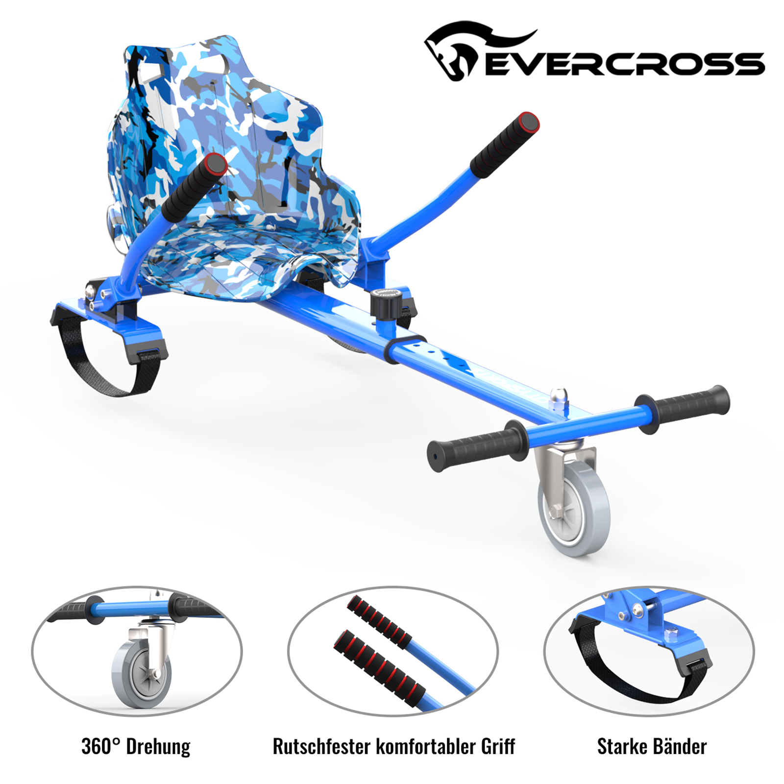 Blau-weißes Evercross Hoverboard mit schwarzen Griffen und grauen Rädern, weißer Hintergrund.