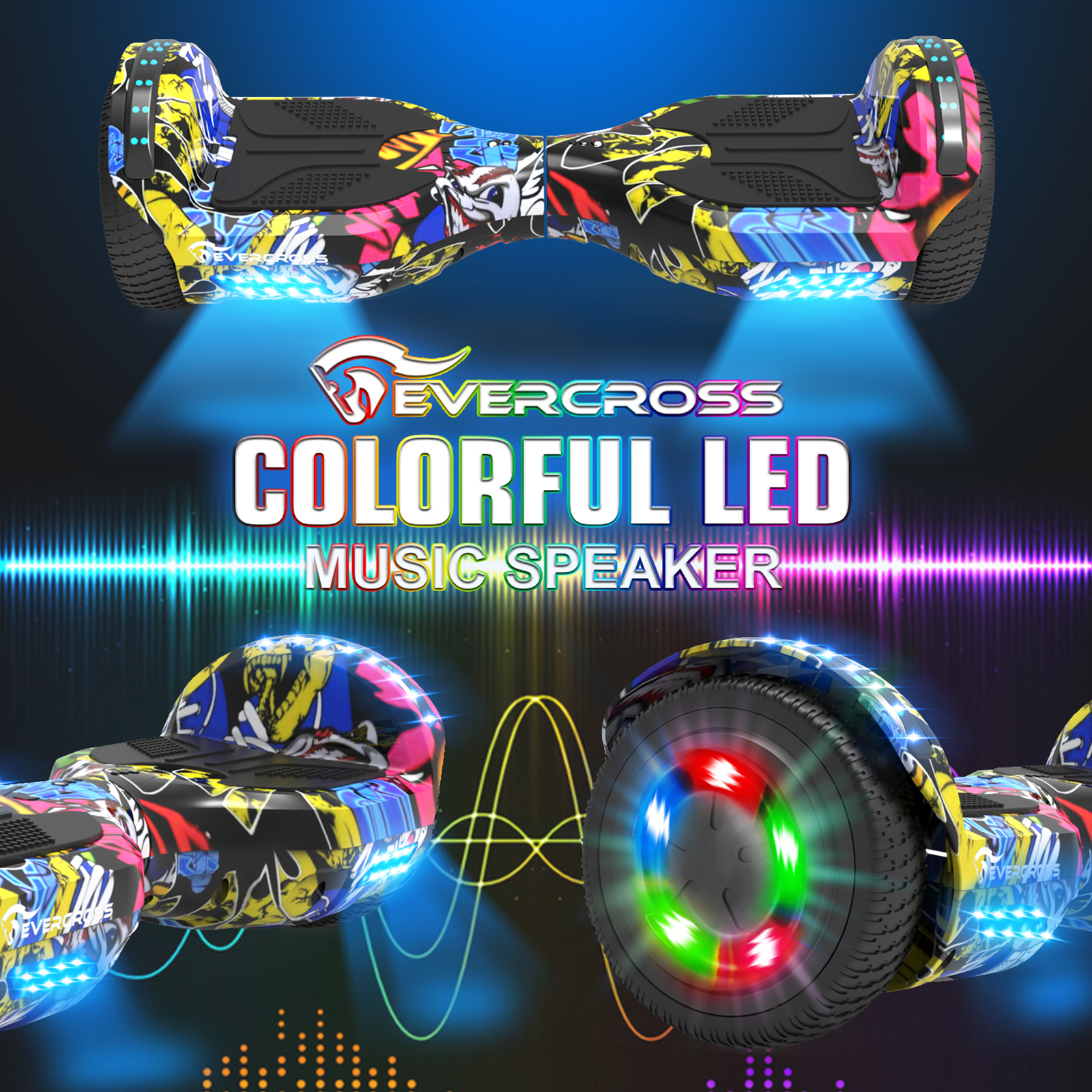 Un hoverboard colorato con luci a LED e le parole EVERCROSS COLORFUL LED MUSIC SPEAKER.