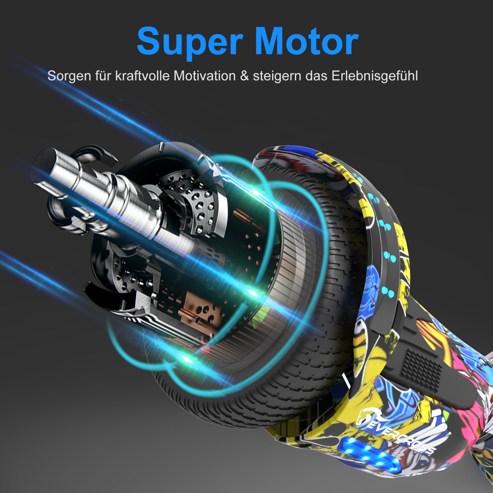 Hoverboard-Motor und Rad mit farbenfrohem Design. Text: Super Motor, Sorgen für kraftvolle Motivation...