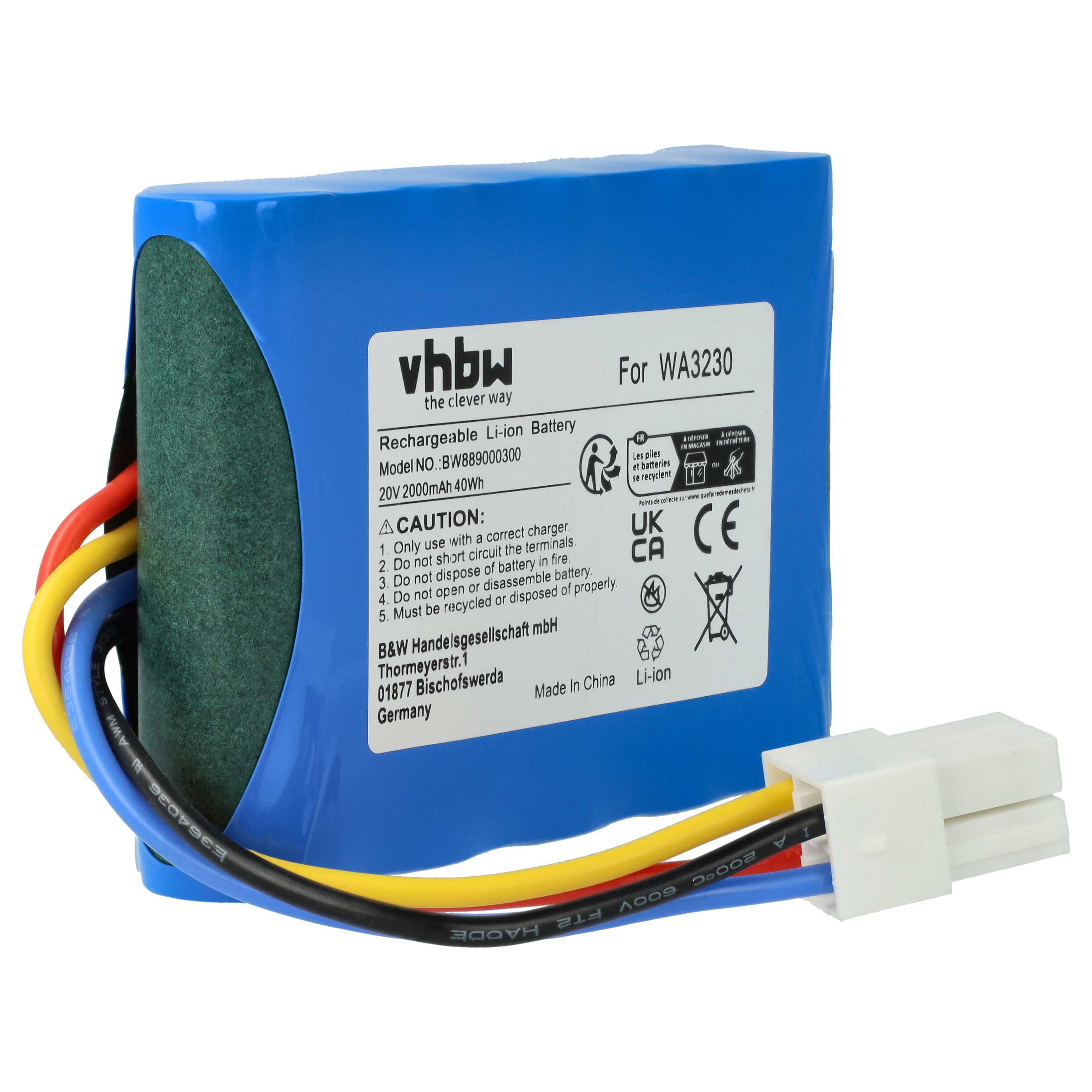Blauer Akku mit schwarzen, roten, gelben und weißen Drähten und einem weißen Stecker.