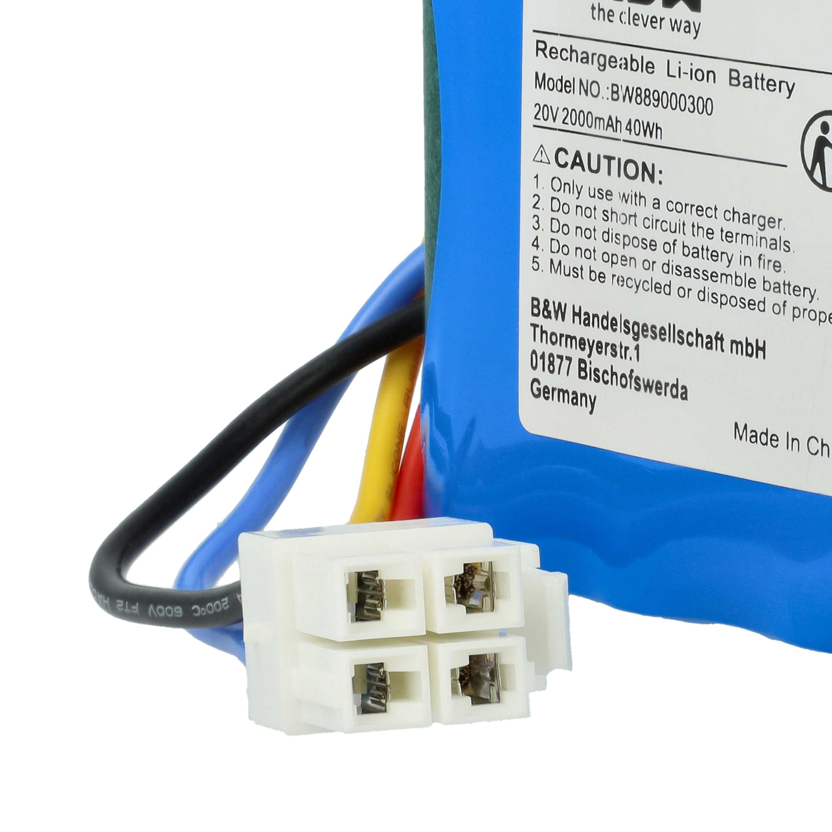 Blaue Batterie mit weißem Stecker. Drähte sind schwarz, blau, gelb und rot.