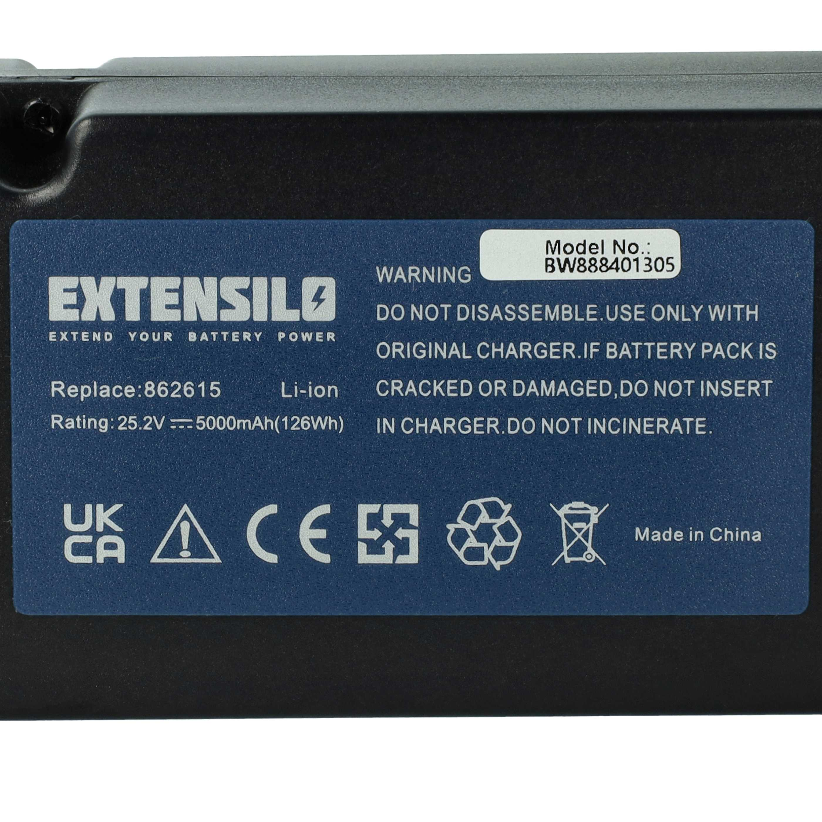 Schwarzes Batterieetikett mit Text, Warnungen und Symbolen auf Weiß. Von Extensilo.