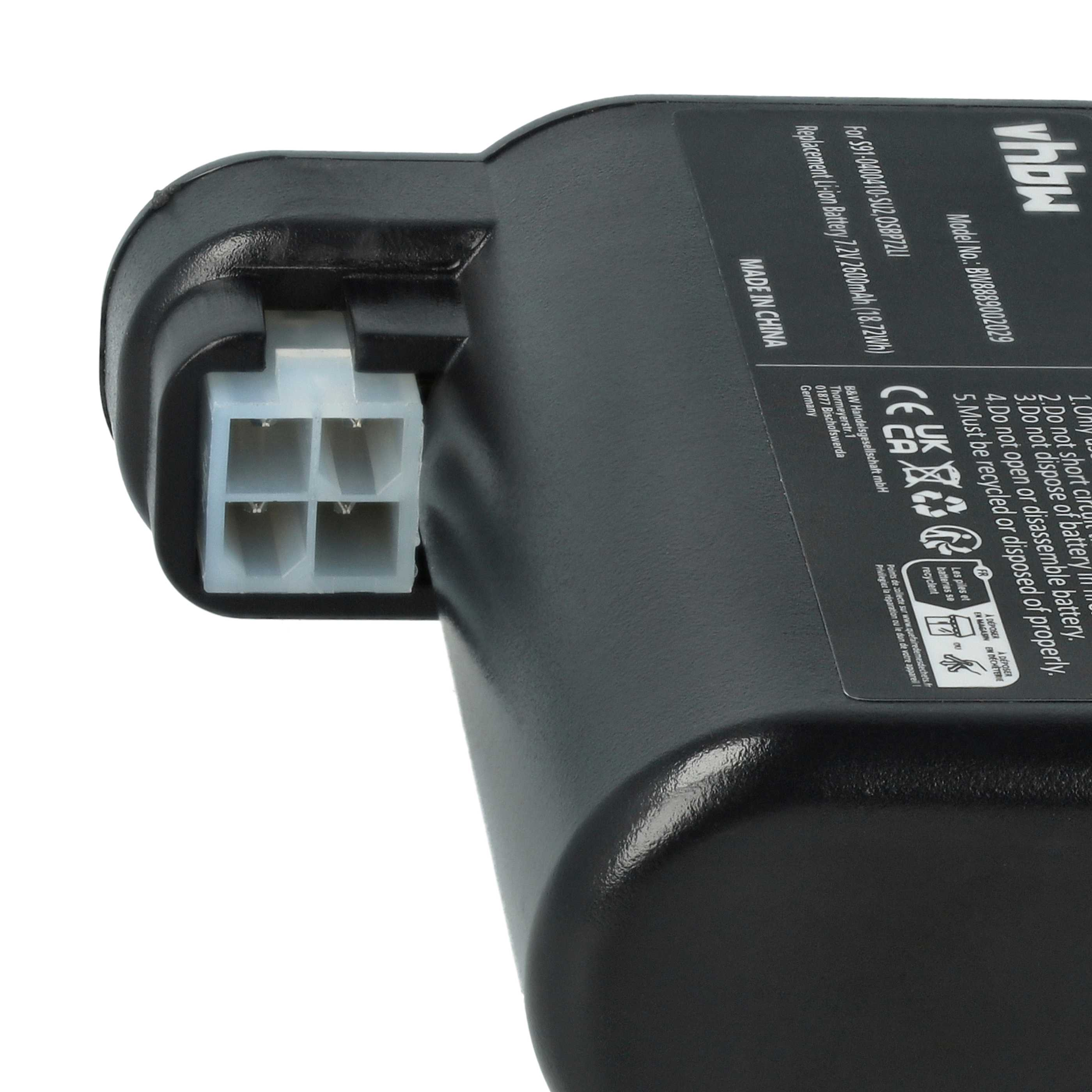 Schwarzer Akku mit weißem Stecker und Warnhinweis.