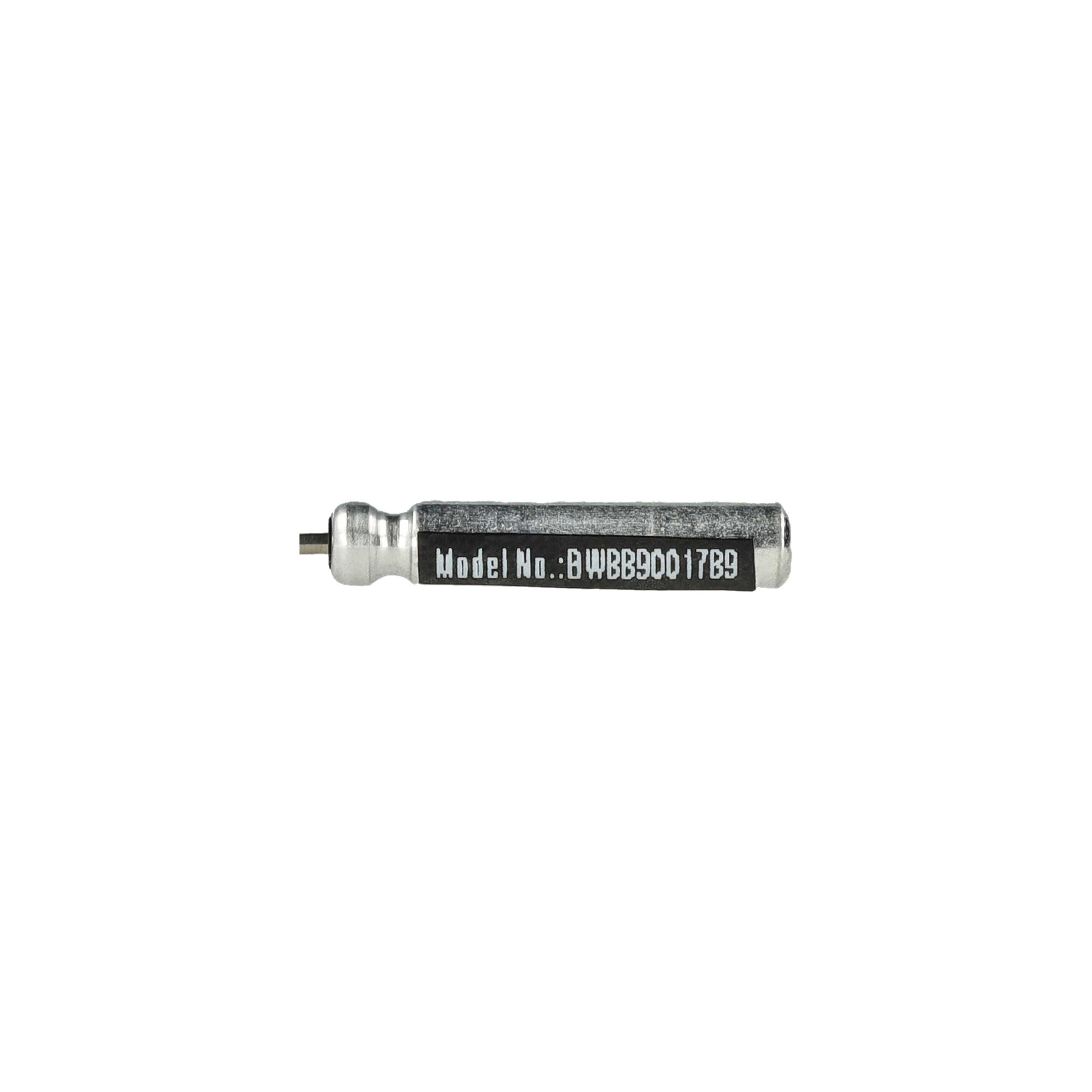 Kleine metallische Komponente mit Text. Zylindrisch mit Text 'Model No.:WBB90017B9'.
