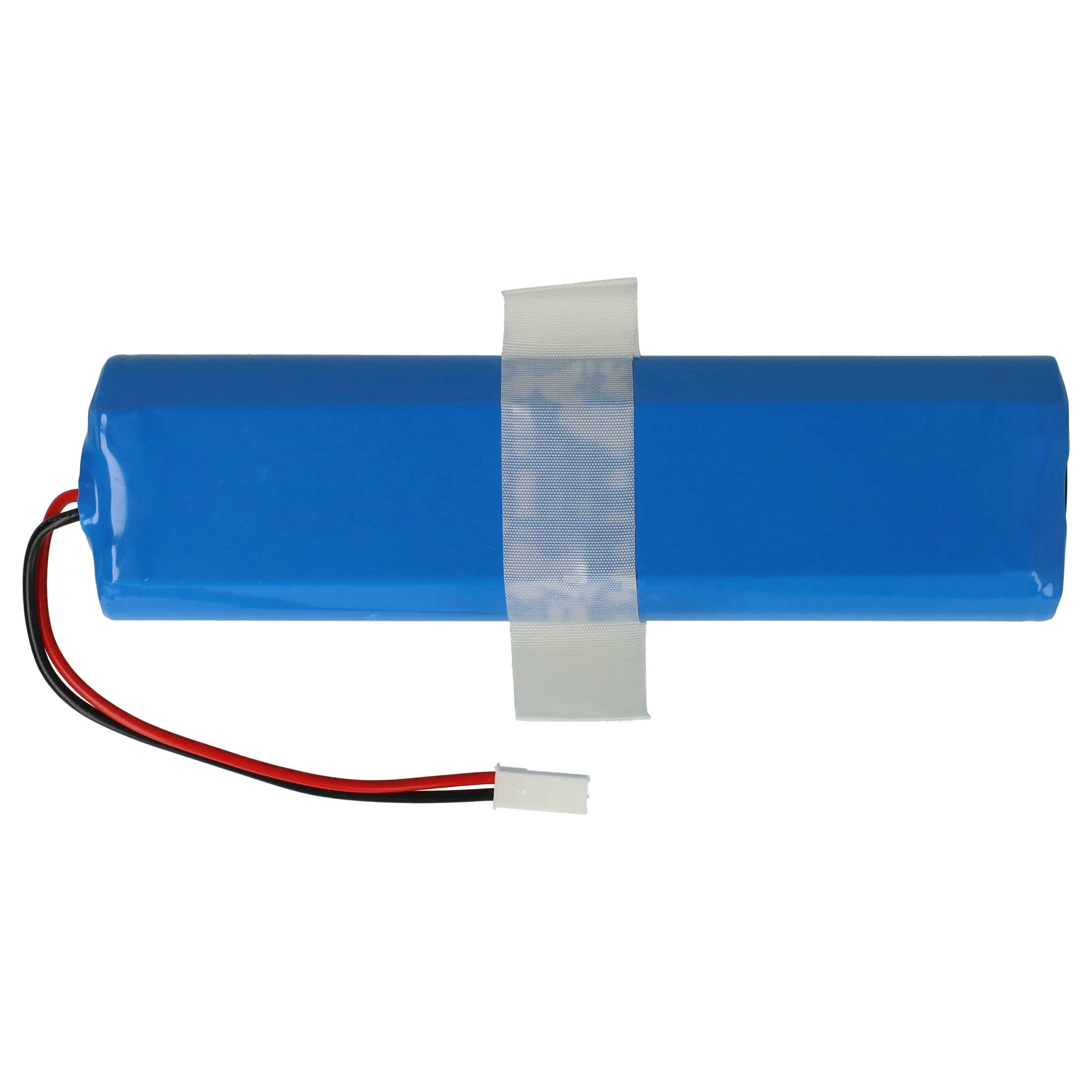 Eine blaue Batterie mit weißem Riemen und schwarzen und roten Drähten.