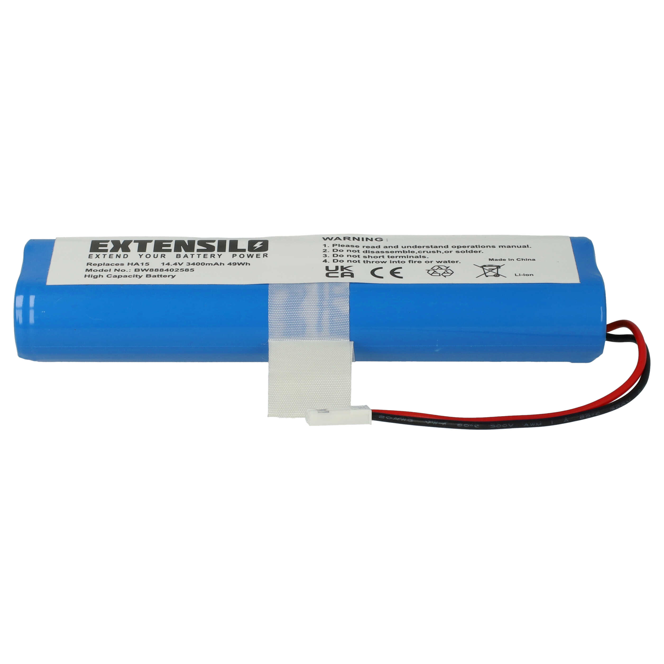 Eine blaue Batterie mit weißem Stecker. Warnhinweise oben. Weißer Hintergrund.
