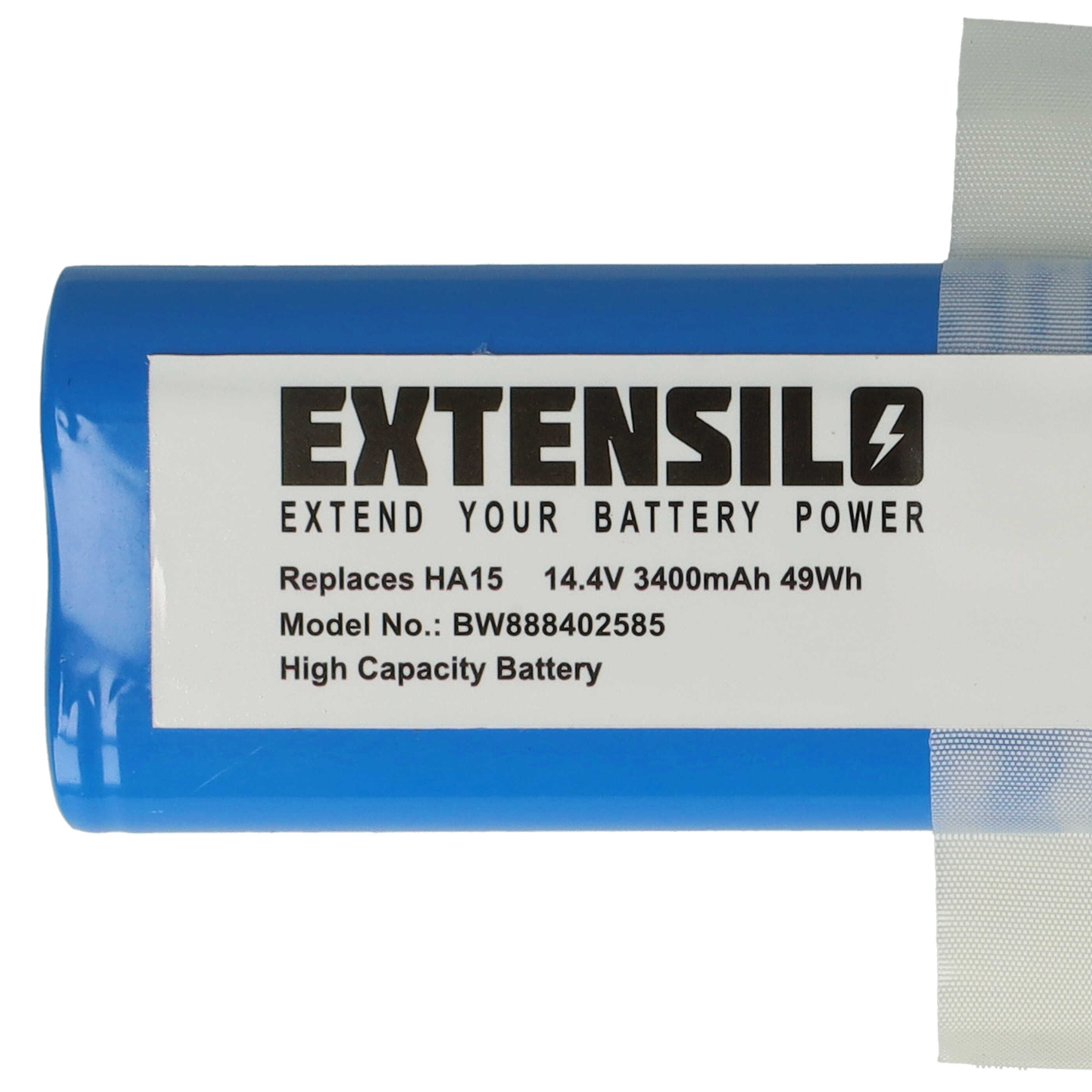 Blaue Extensilo-Batterie mit weißem Etikett. Text: Extensilo, 14,4V 3400mAh und Hochleistungsbatterie.
