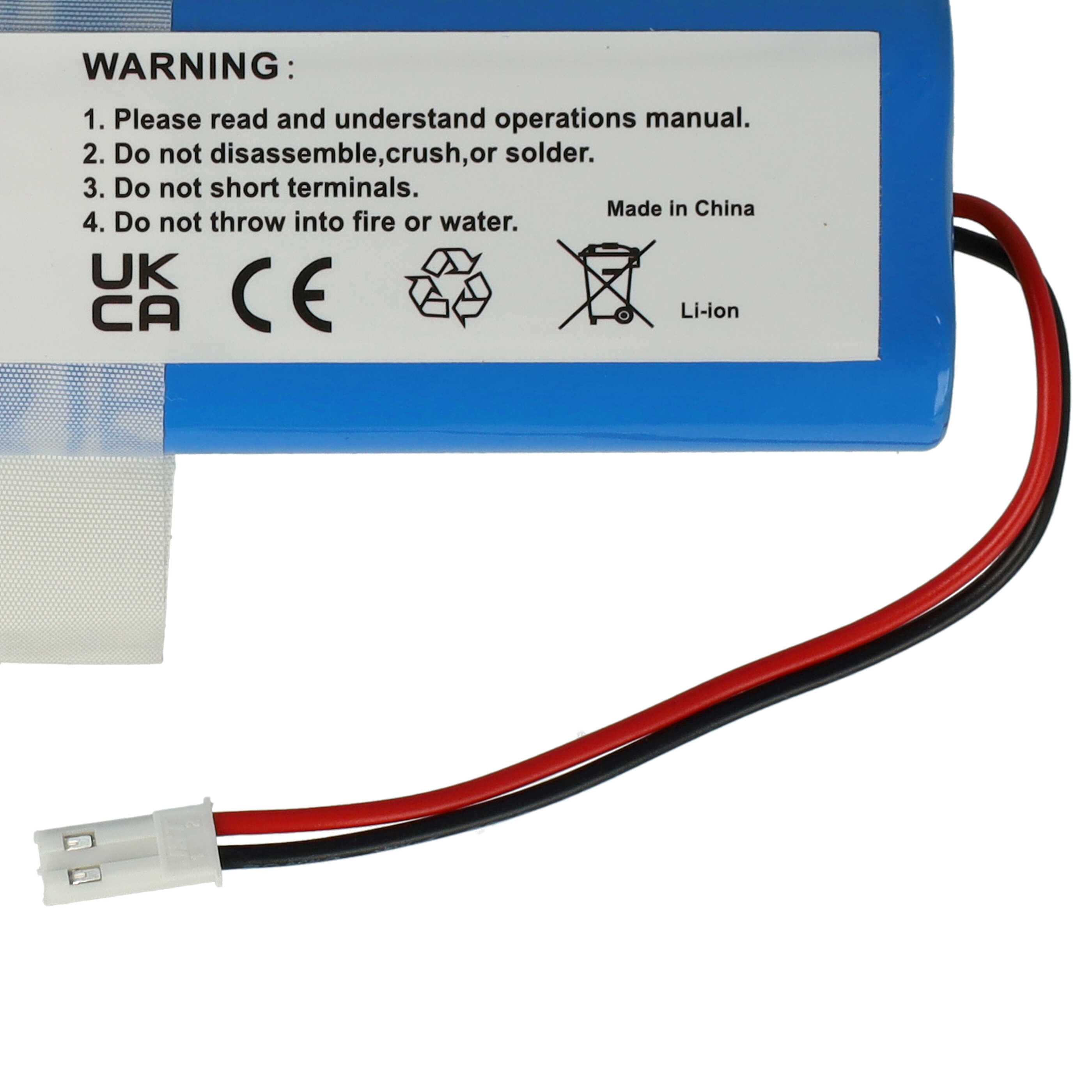 Blaue Batterie mit schwarzen und roten Drähten und einem weißen Stecker.