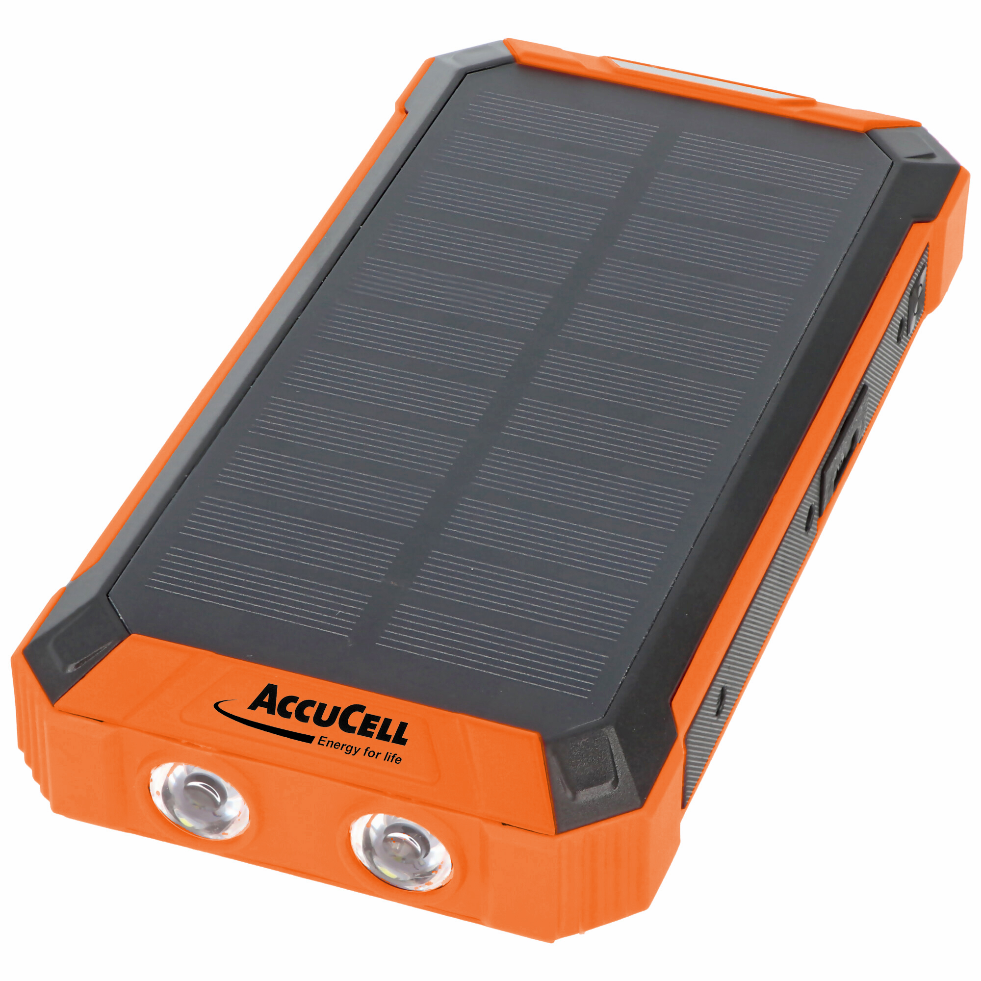 Orangene und schwarze Solar-Powerbank mit zwei Lichtern. AccuCell-Logo.