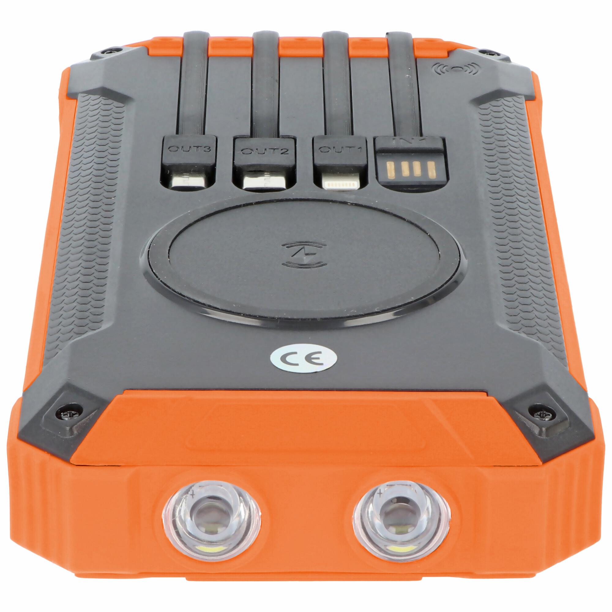 Eine orange-graue Powerbank mit mehreren Ladeanschlüssen und Lichtern.