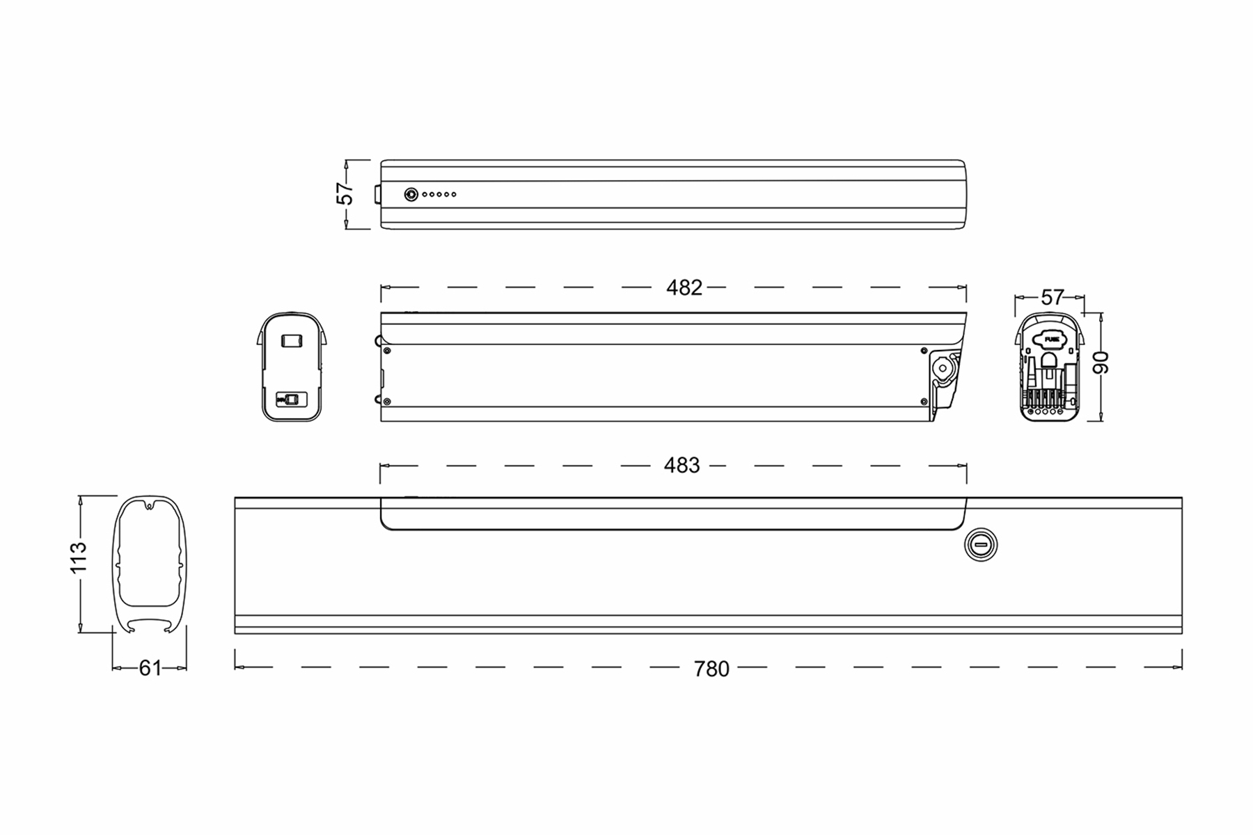 Technische Zeichnung eines rechteckigen elektronischen Bauteils mit Abmessungen.