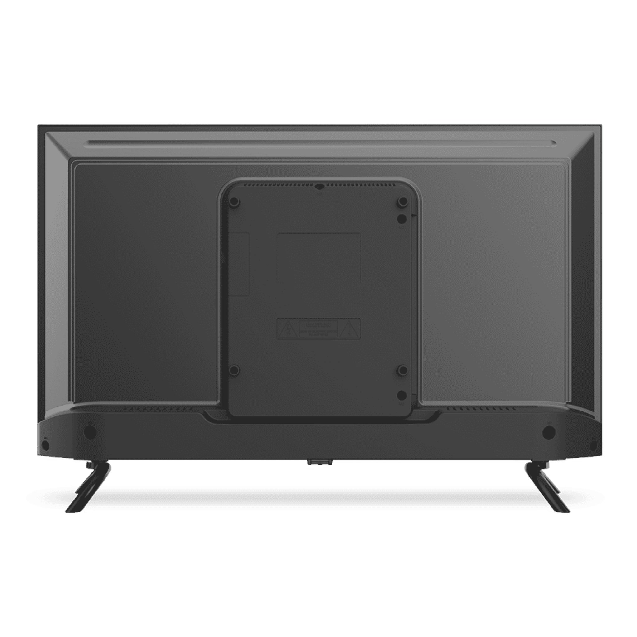 Vista trasera de un televisor negro con patas y un panel trasero rectangular.