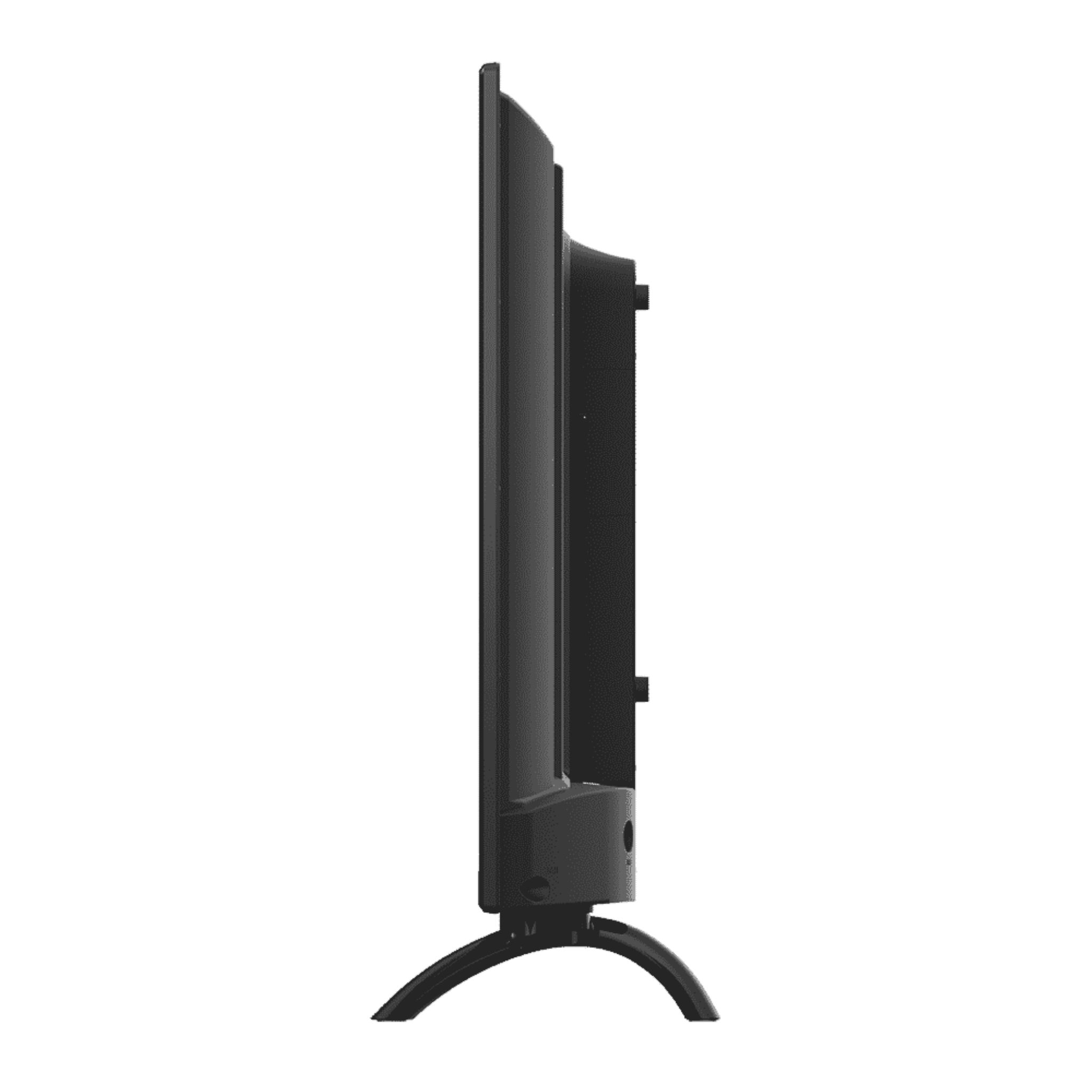 Televisor negro visto de lado, sobre un soporte curvo, diseño simple y moderno.