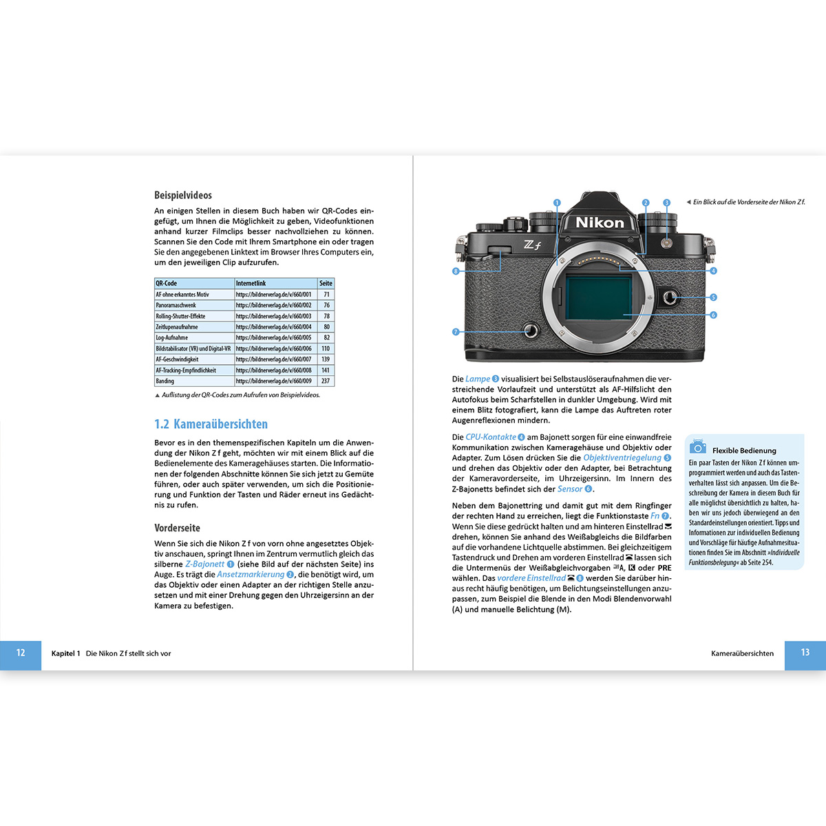 Ein offenes Buch mit Text und Bildern. Eine Nikon-Kamera mit beschrifteten Teilen wird gezeigt.