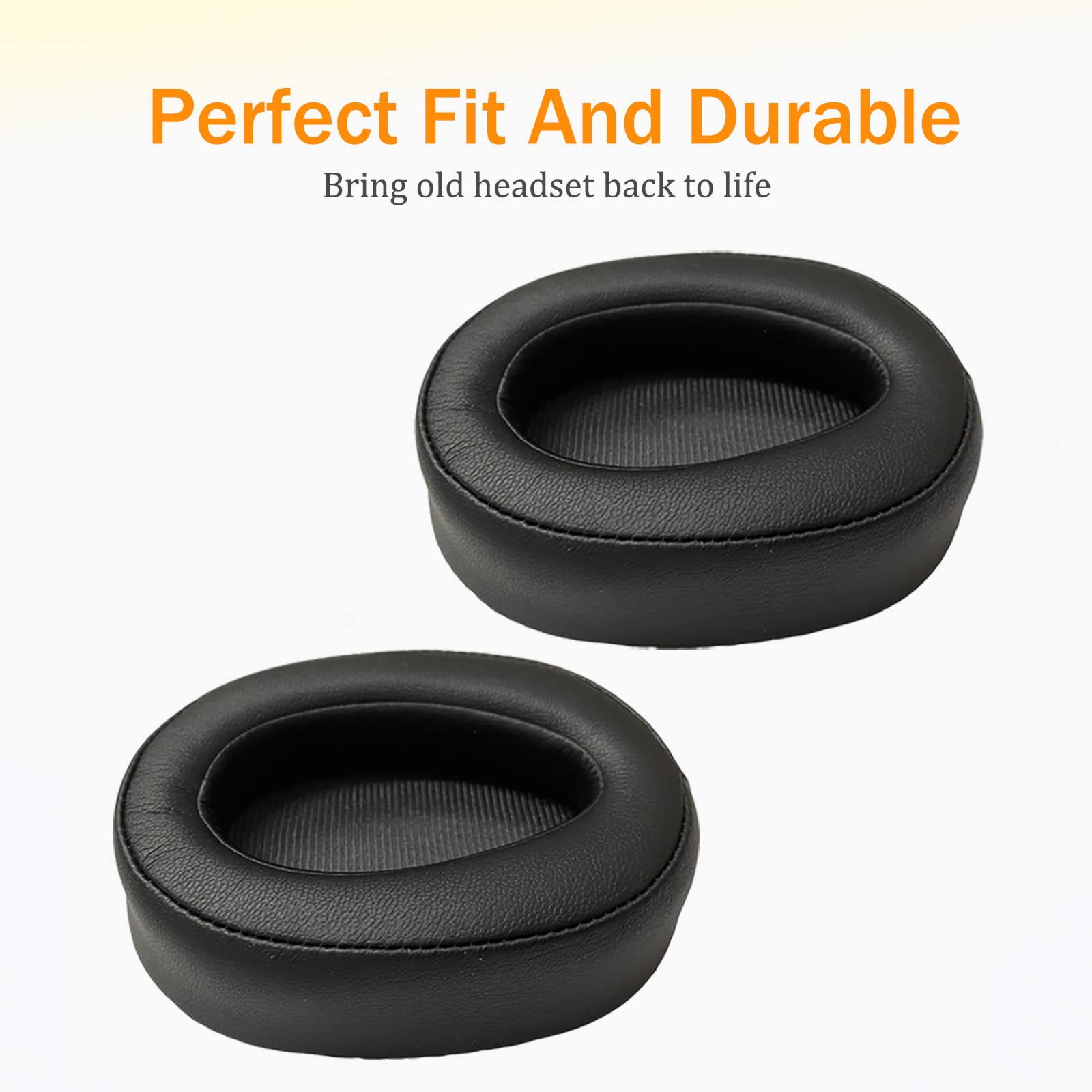 Deux coussinets d'oreille noirs sur fond blanc. Texte : Perfect Fit And Durable.