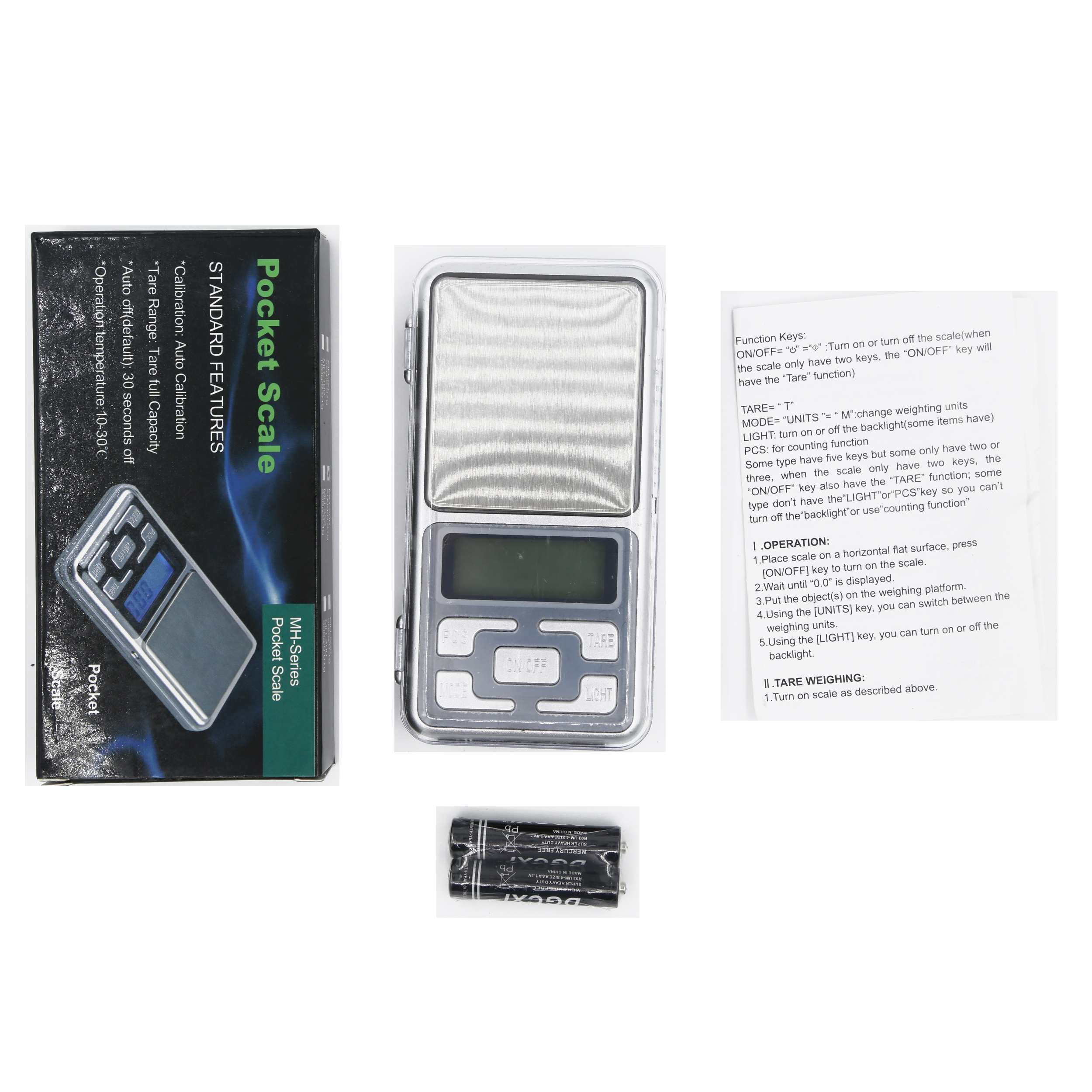 Mini kieszonkowa waga z pudełkiem i instrukcją. Waga jest srebrna i posiada wyświetlacz cyfrowy.