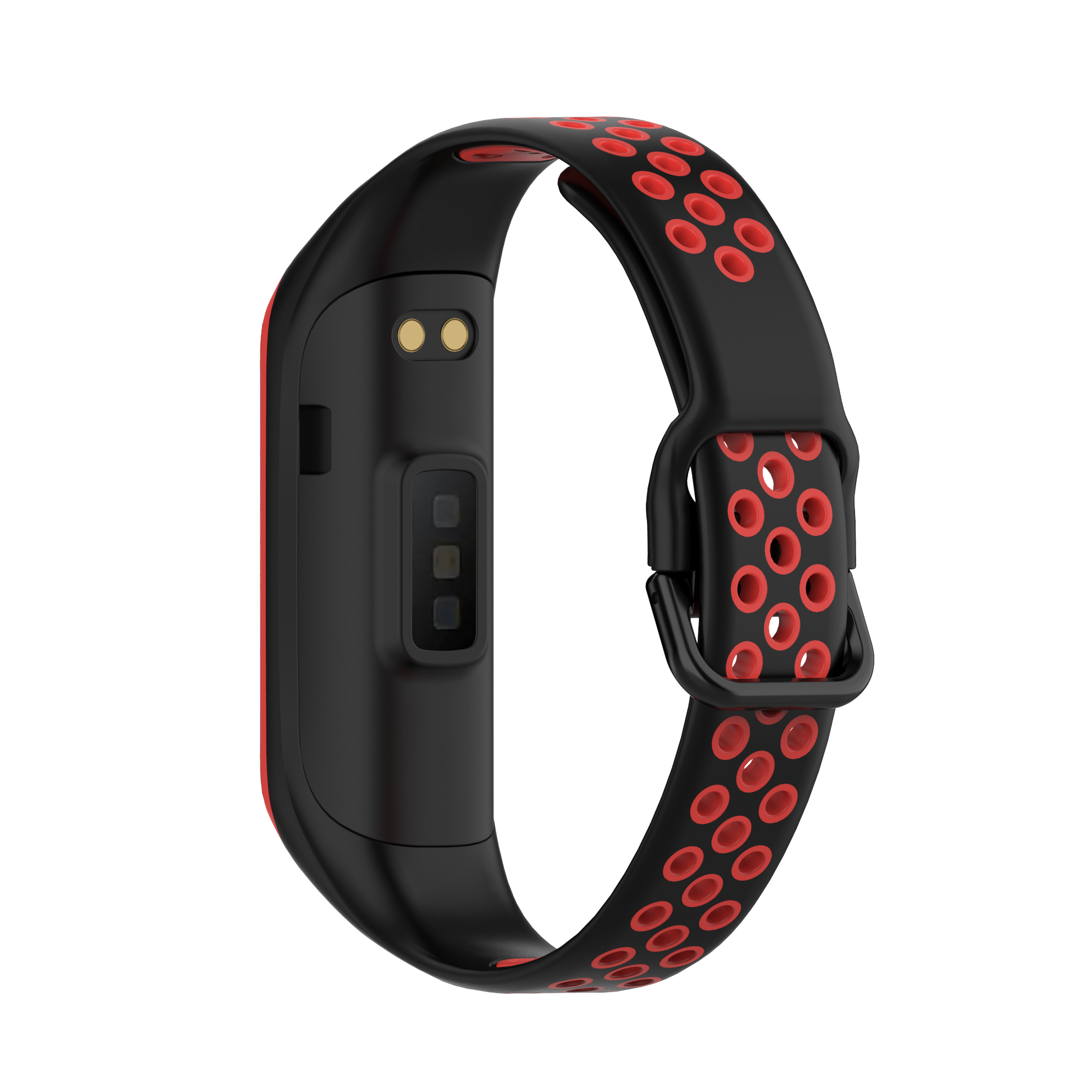 Rotes und schwarzes Fitnessband. Schwarzes Band mit roten Löchern und rotem Rand.