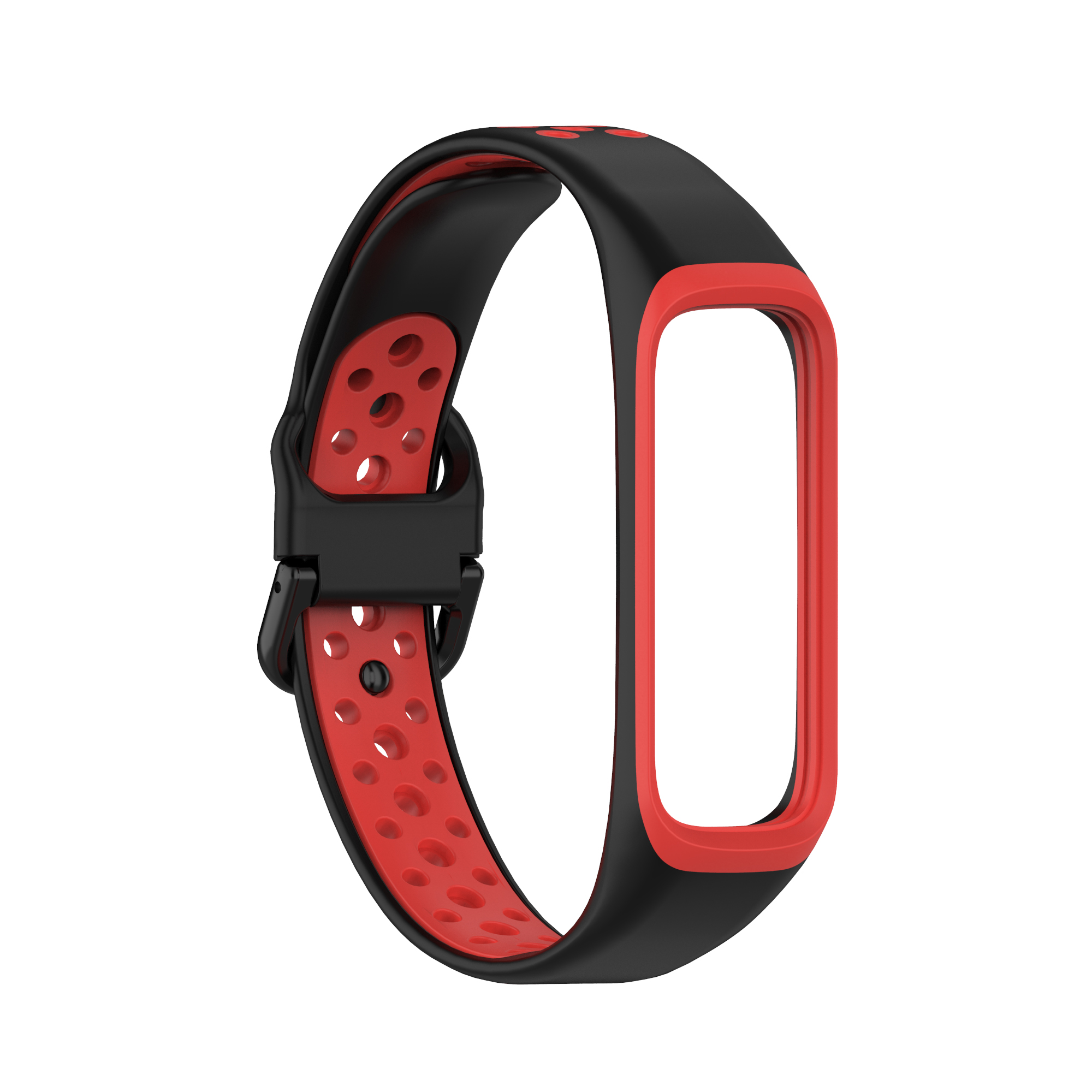 Schwarzes und rotes Uhrenarmband mit Löchern. Es ist ein zweifarbiges Armband mit Verschluss.