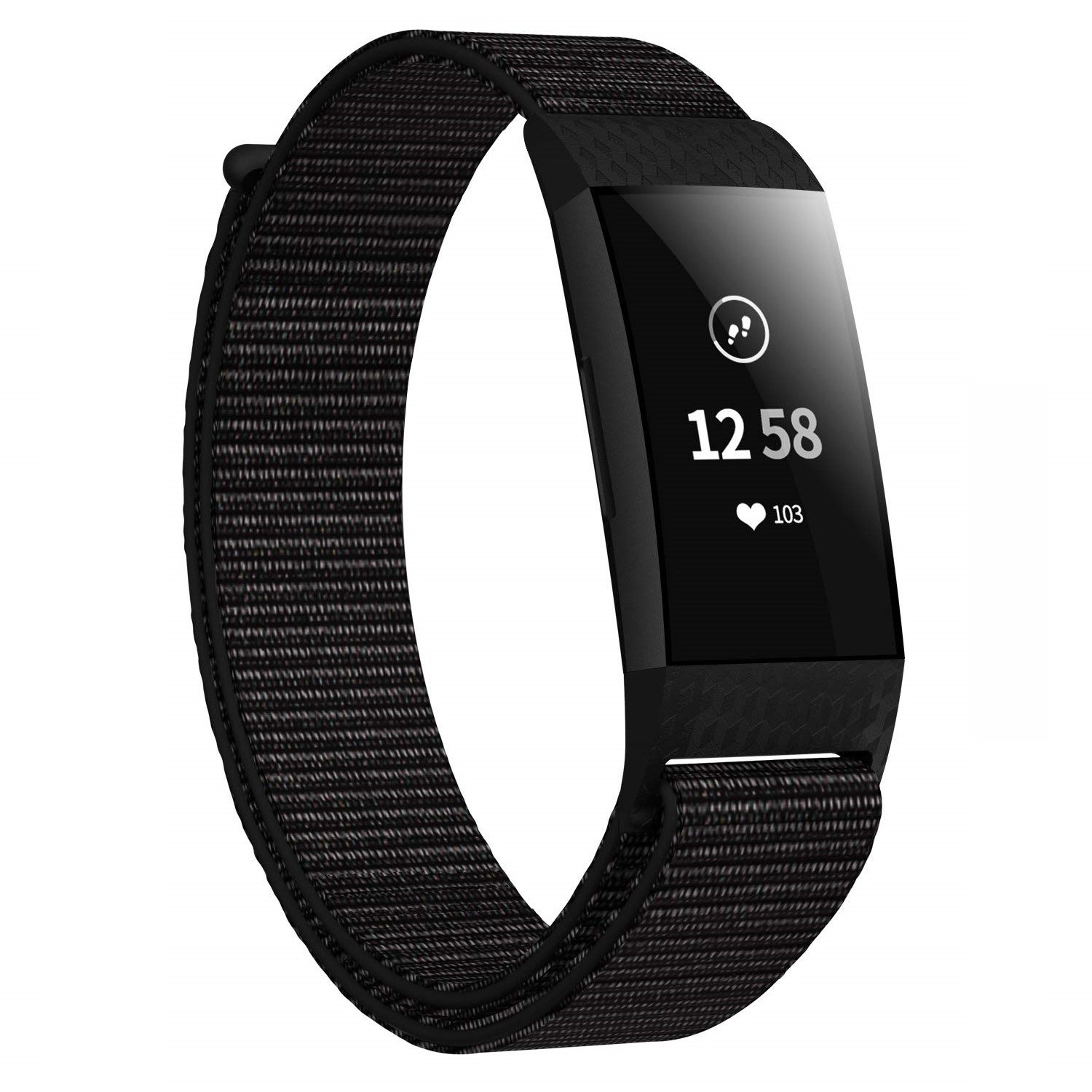 Uno smartwatch nero con cinturino nero. L'orologio mostra ora, frequenza cardiaca e passi.