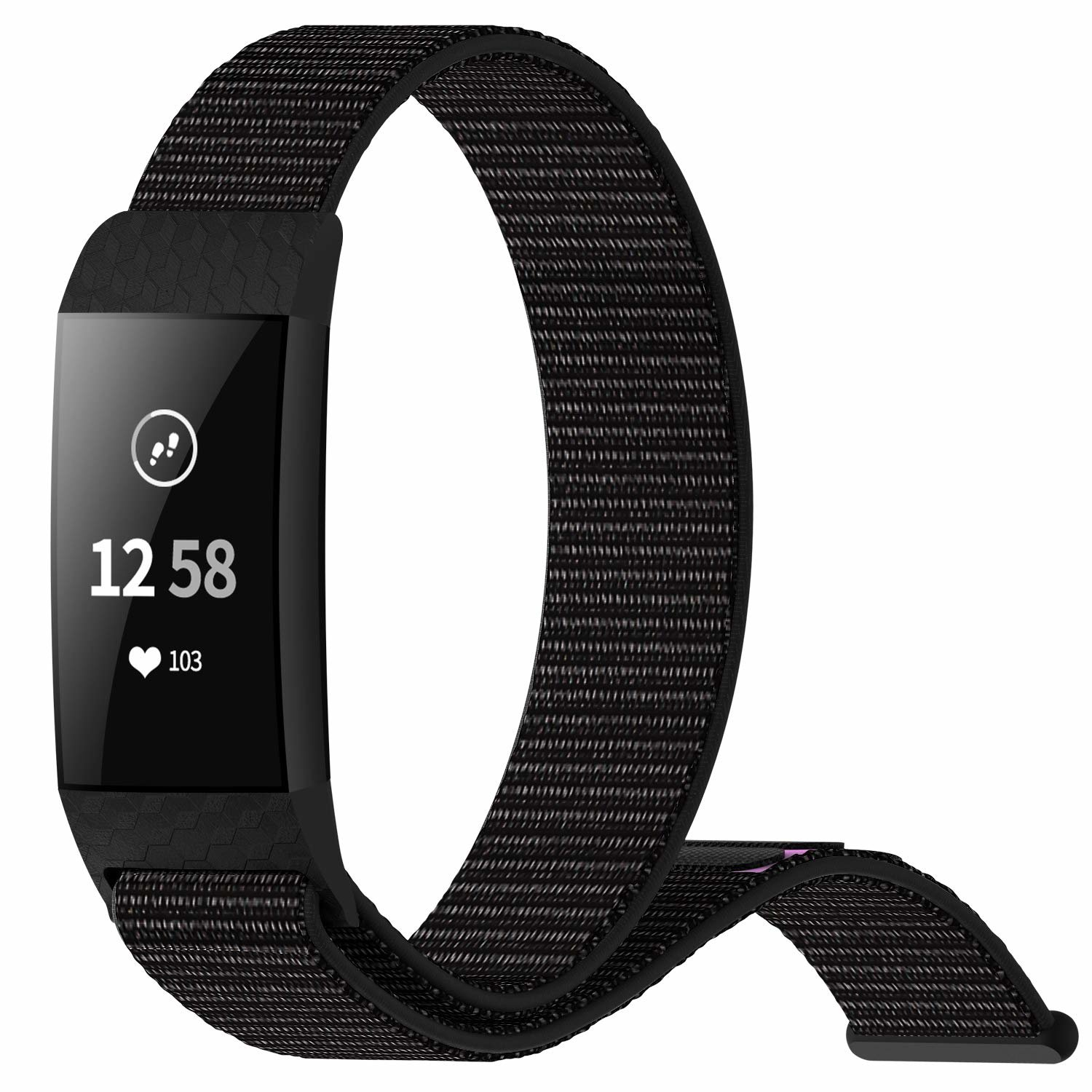 Smartwatch nera con cinturino nero, mostra l'ora e la frequenza cardiaca.