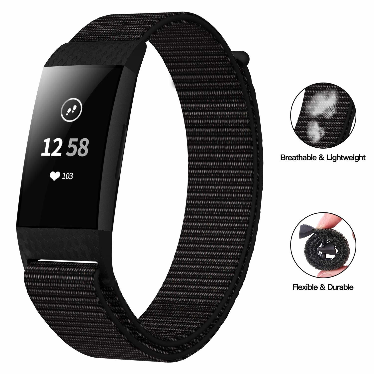 Un fitness tracker nero con cinturino in tessuto nero. Due primi piani mostrano i dettagli del cinturino.
