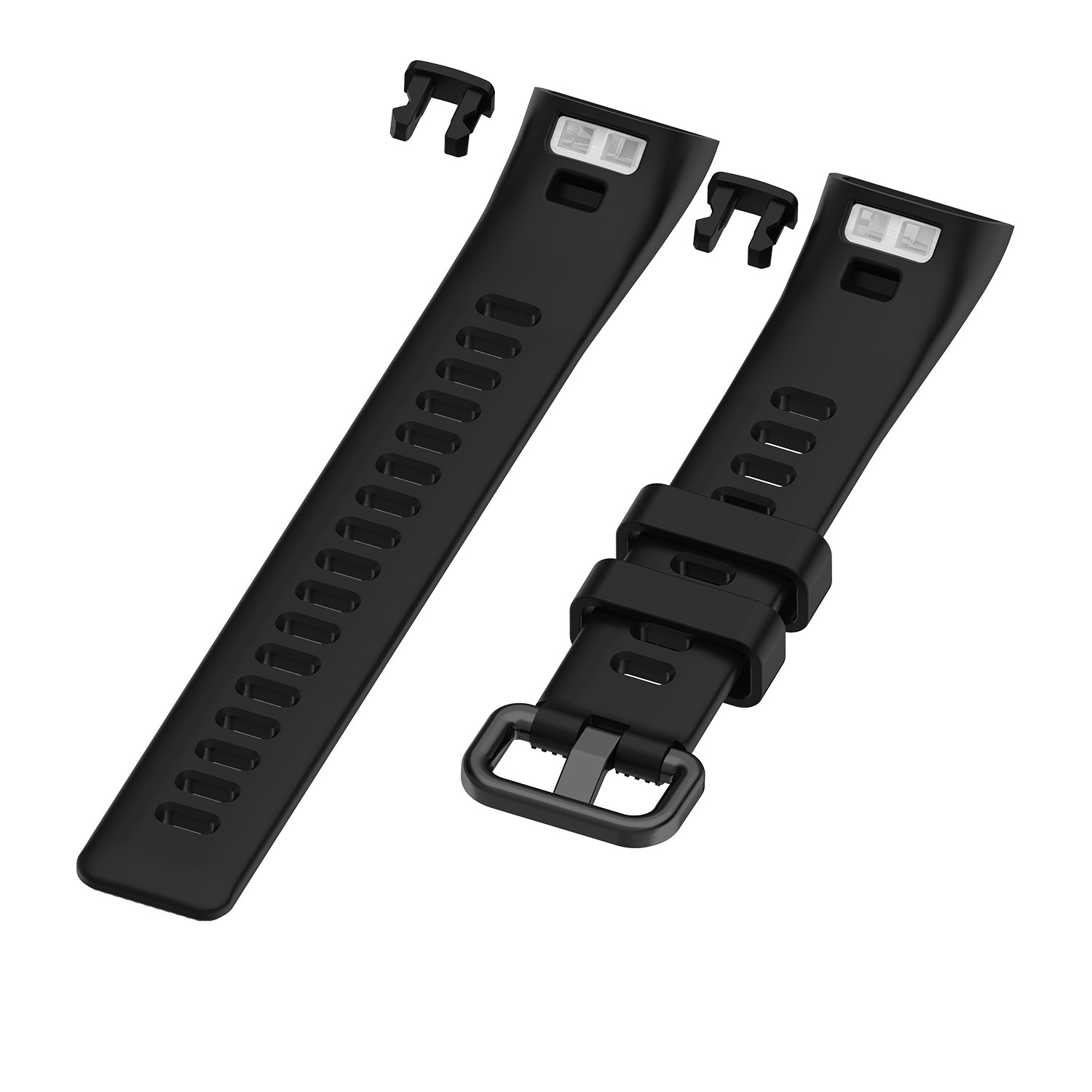 Schwarze Smartwatch-Armbänder mit Schnallen und Anschlussstiften.