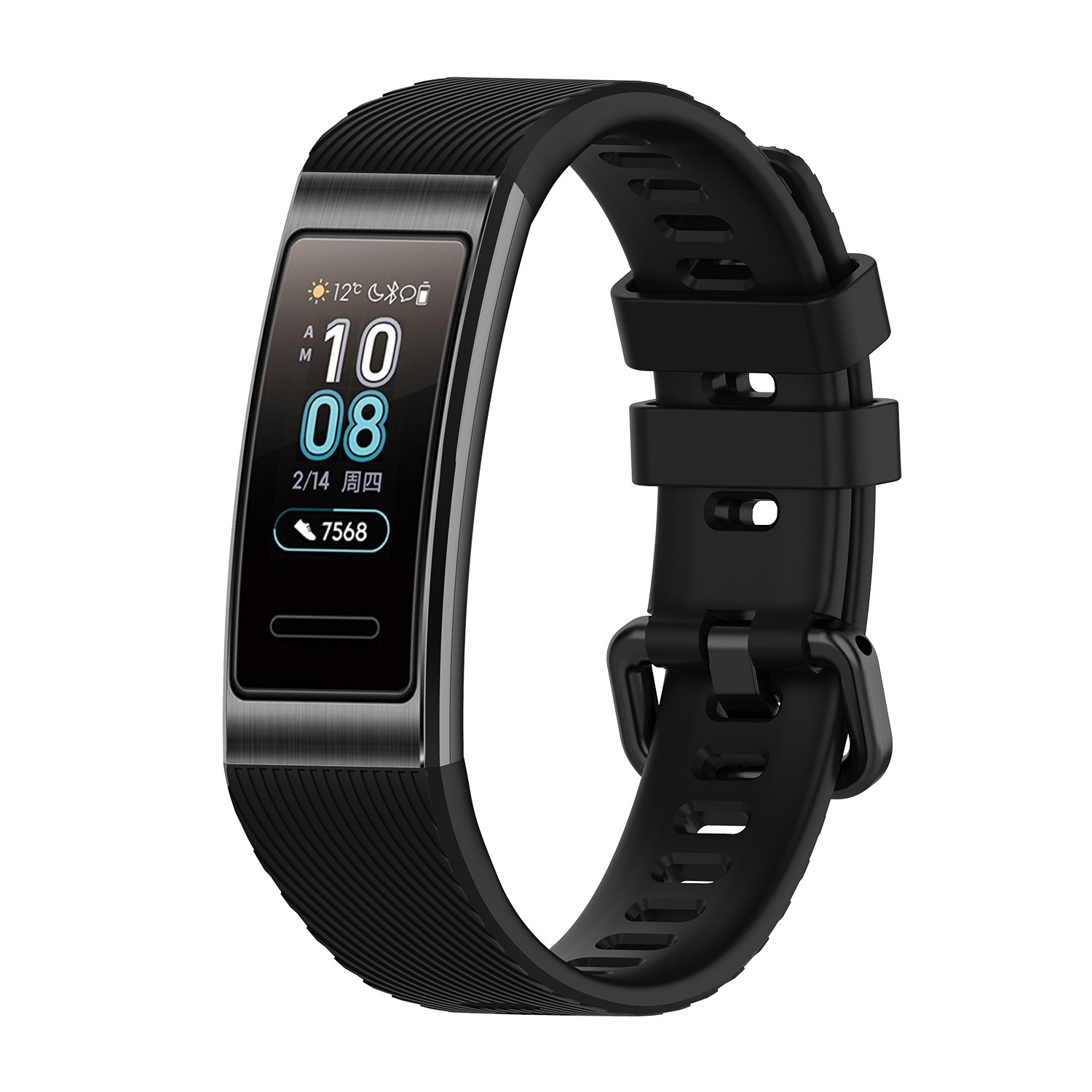 Schwarzer Fitnesstracker mit Zeitanzeige und Aktivitätsdaten, schwarzes Band.