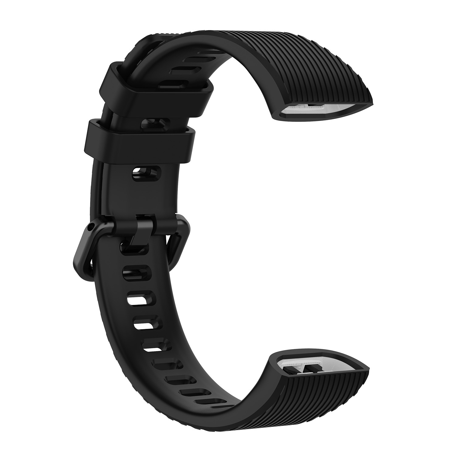 Schwarzes Armband mit Verschluss. Das Armband besteht aus flexiblem, geripptem Material. Es ist gebogen.