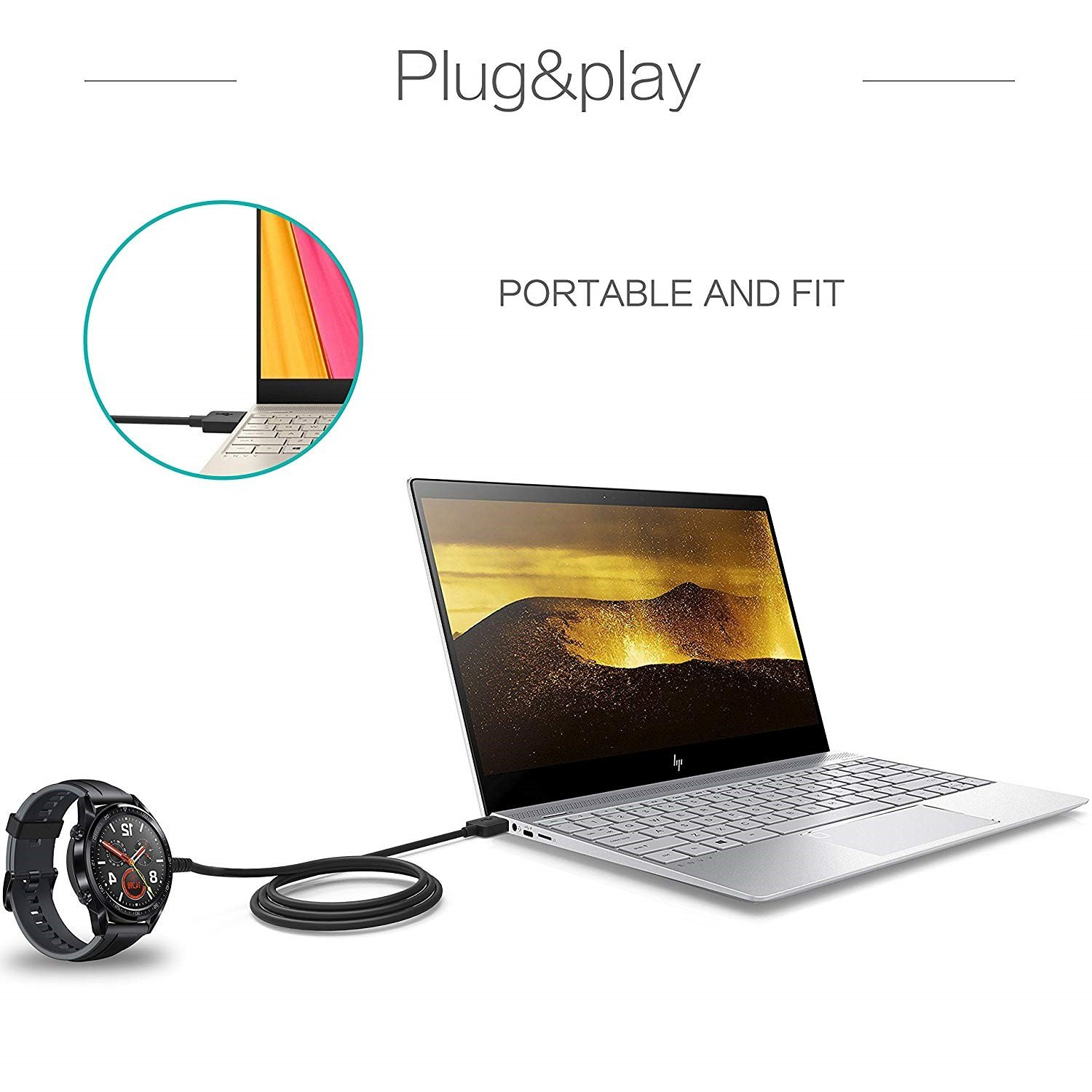 Laptop, der über ein Kabel mit einer Uhr verbunden ist. Der Laptop zeigt einen Teilausschnitt des Bildschirms. Text: Plug&play, Portable and Fit.