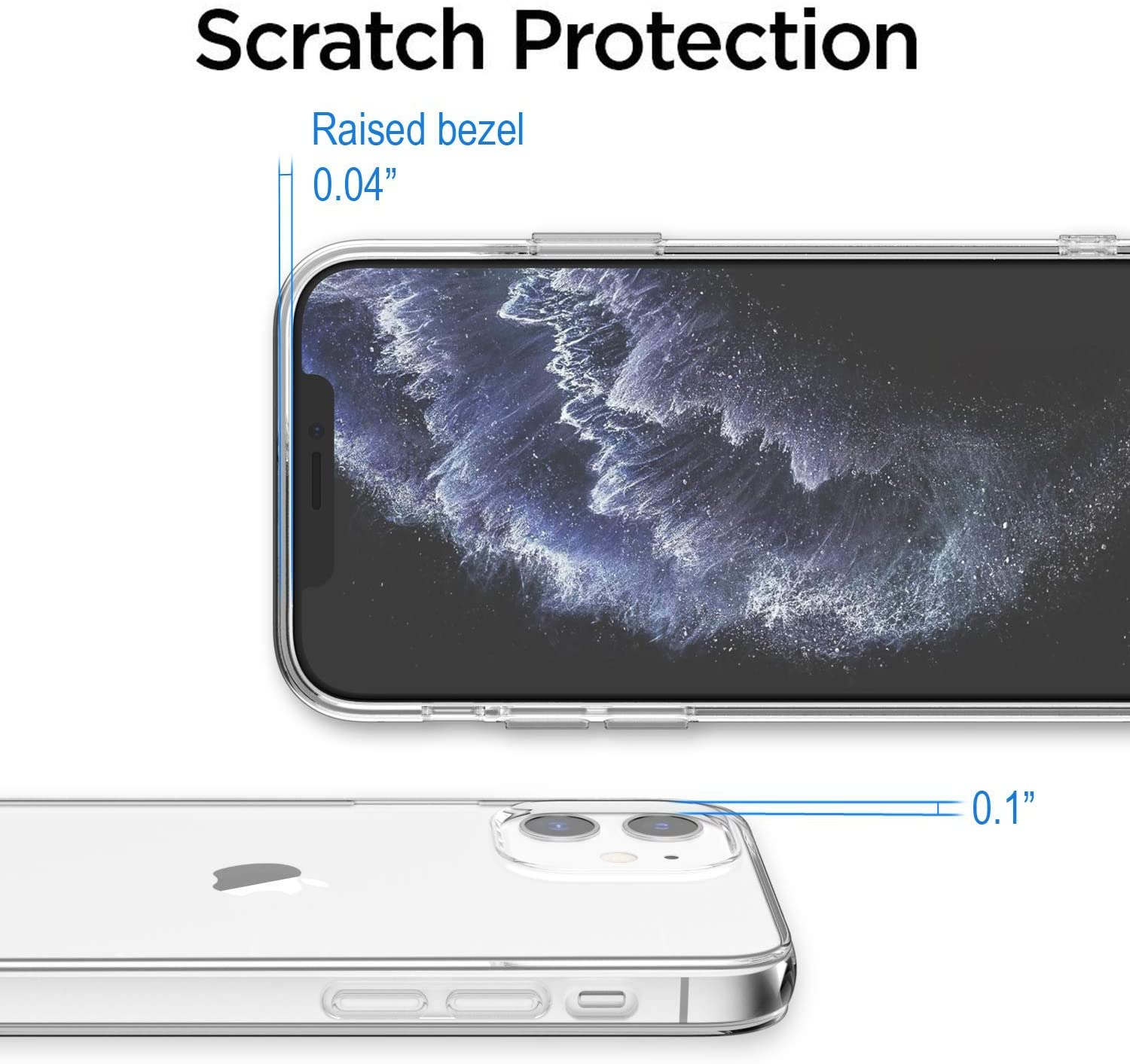 Transparente Handyhülle mit Telefon, Text über Kratzschutz.