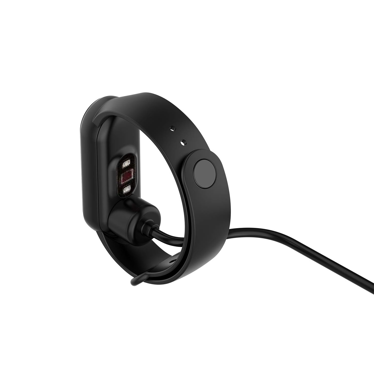 Une montre de suivi de fitness noire est connectée à un câble de chargement.