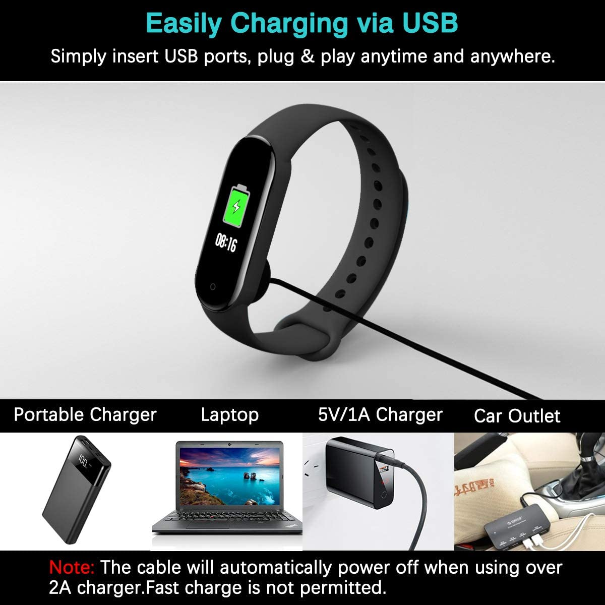 Tracker de fitness noir connecté au chargeur, avec diverses options de charge affichées.
