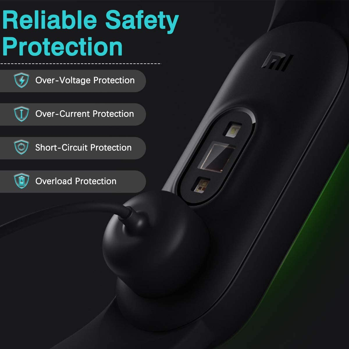 Gros plan d'un tracker de fitness noir avec des fonctions de sécurité. Montre la protection contre les surtensions, les surintensités et les courts-circuits.