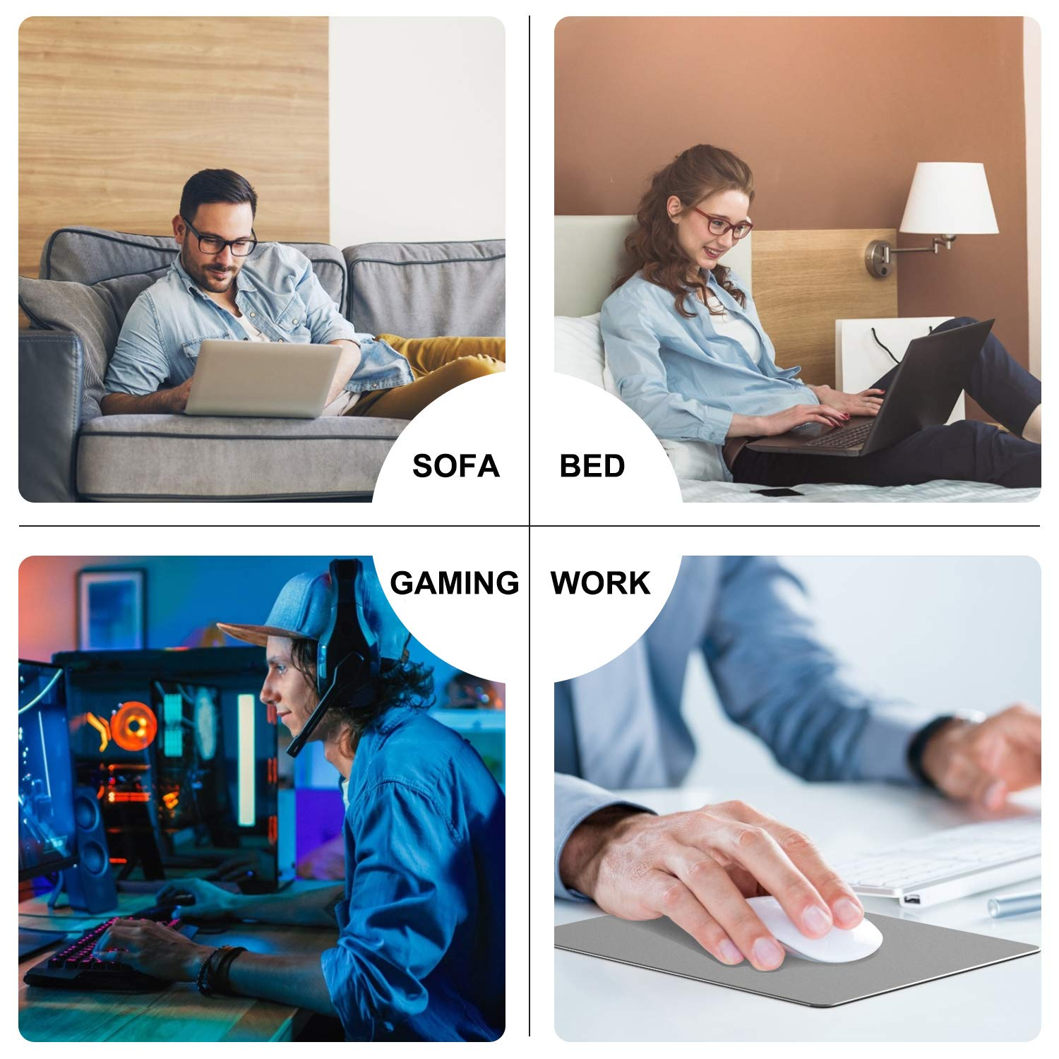 Quatre images montrant des personnes travaillant sur des ordinateurs portables dans différents contextes.