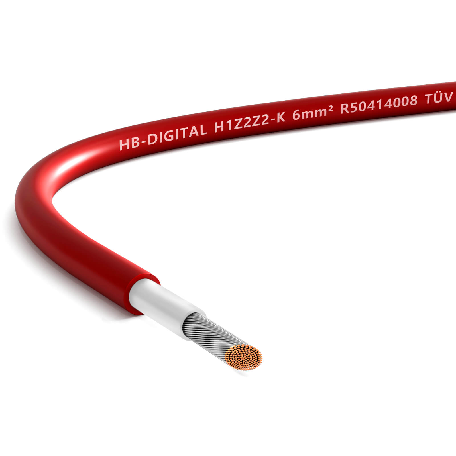 Rotes Kabel mit silbernem Drahtkern. Weiße Isolierung am Ende sichtbar.