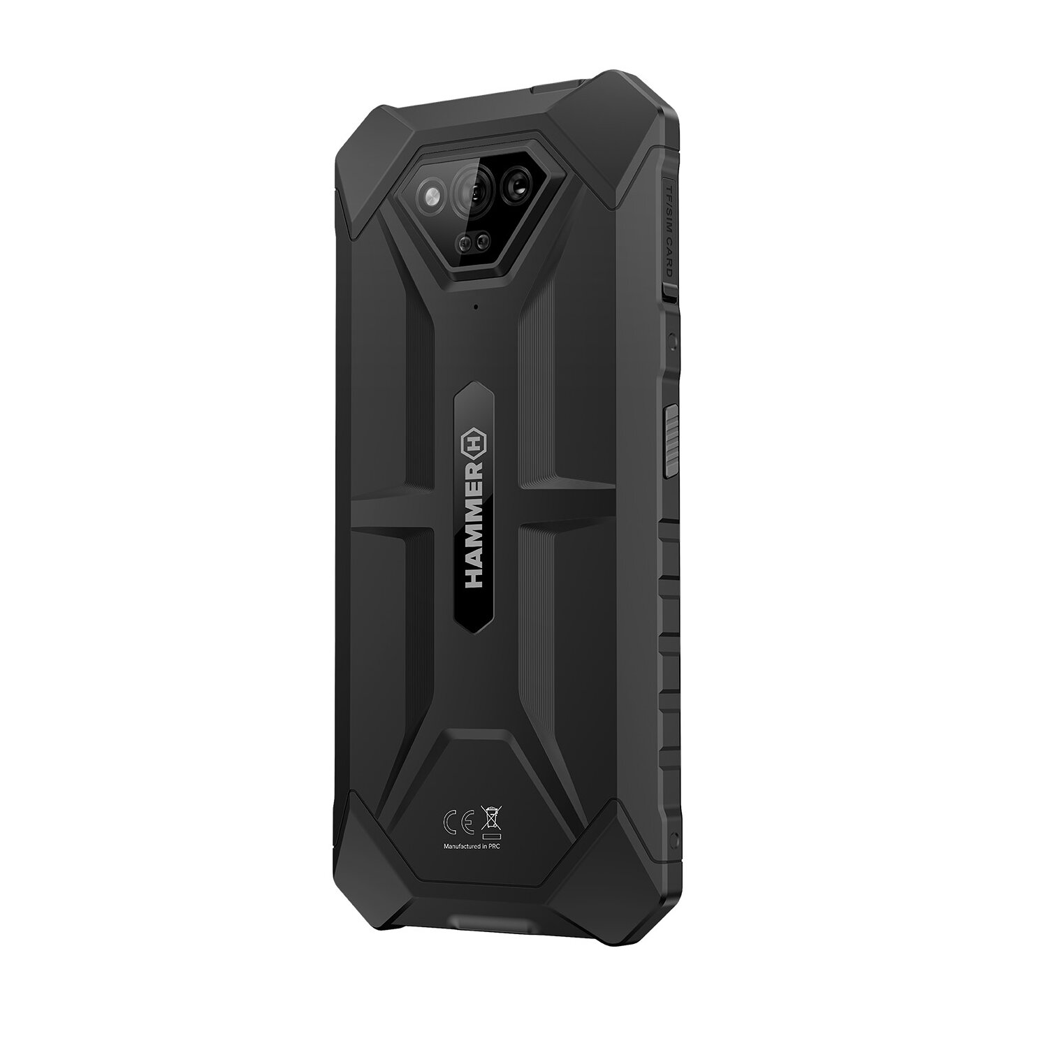 Schwarzes Telefon mit mehreren Kameras. Das Telefon hat ein 'HAMMER'-Logo und CE-Kennzeichnung.