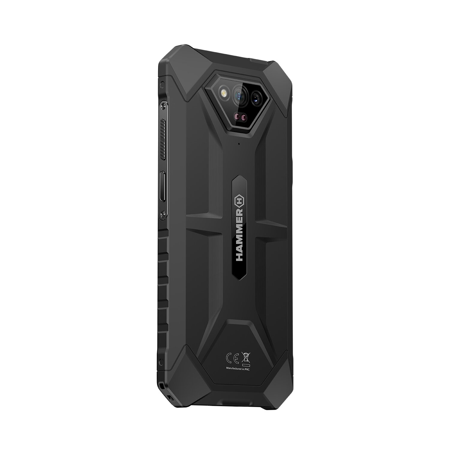 Schwarzes, robustes Smartphone mit Kameramodul. Ein Hammer-Logo ist sichtbar.
