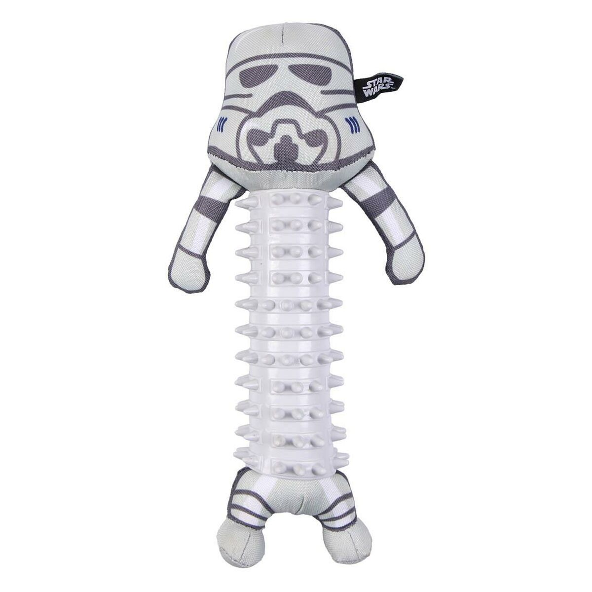 Giocattolo per cani Stormtrooper con schema di colori bianco e grigio e sfondo bianco.