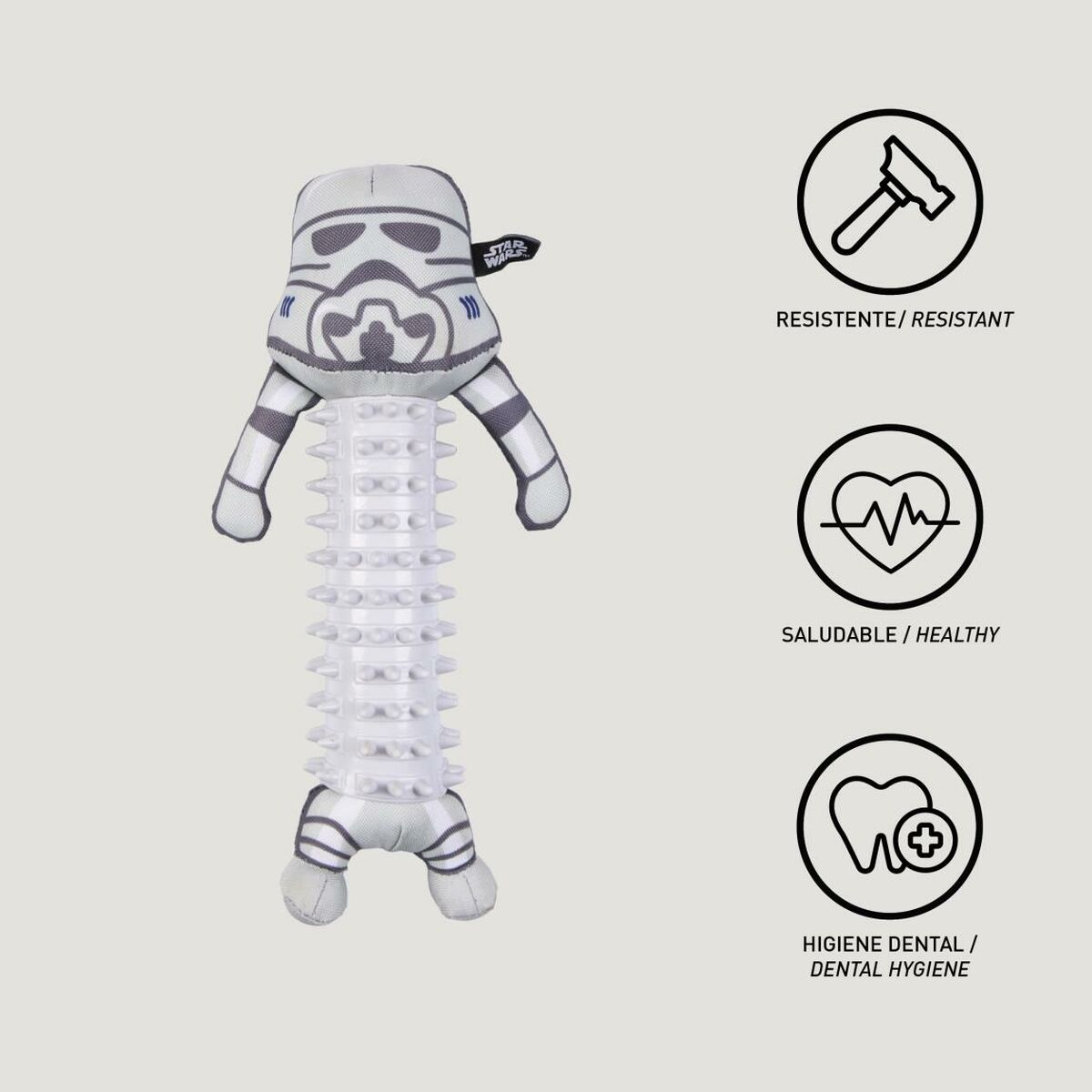 Giocattolo per cani a forma di Stormtrooper. Grigio e bianco. Tre icone: martello, cuore e dente.