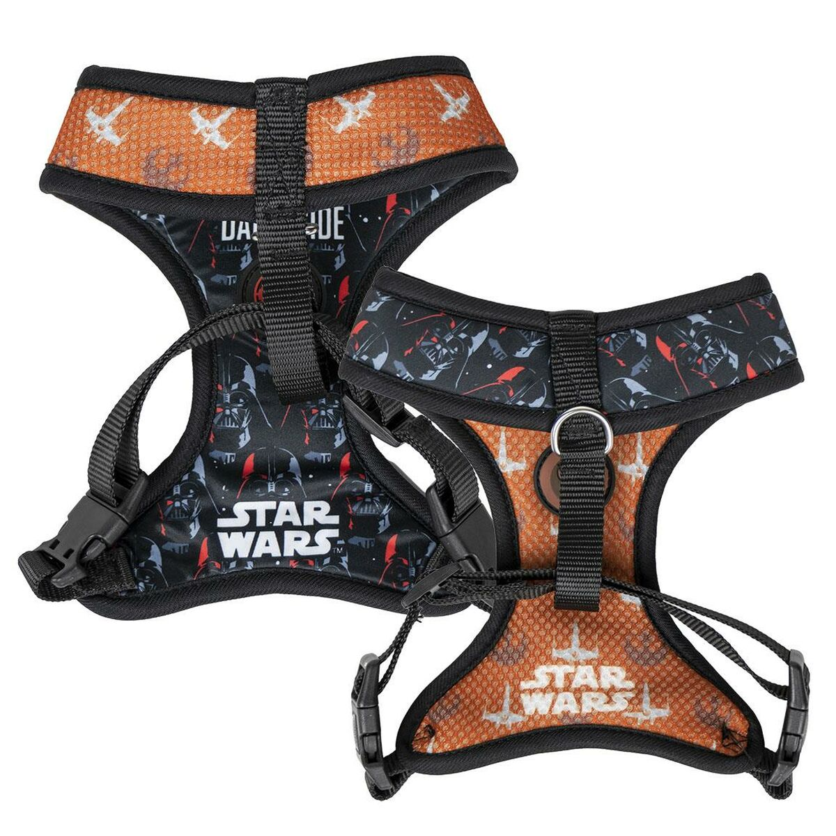 Zwei Star Wars Hunde-Geschirre. Eines schwarz, eines orange.