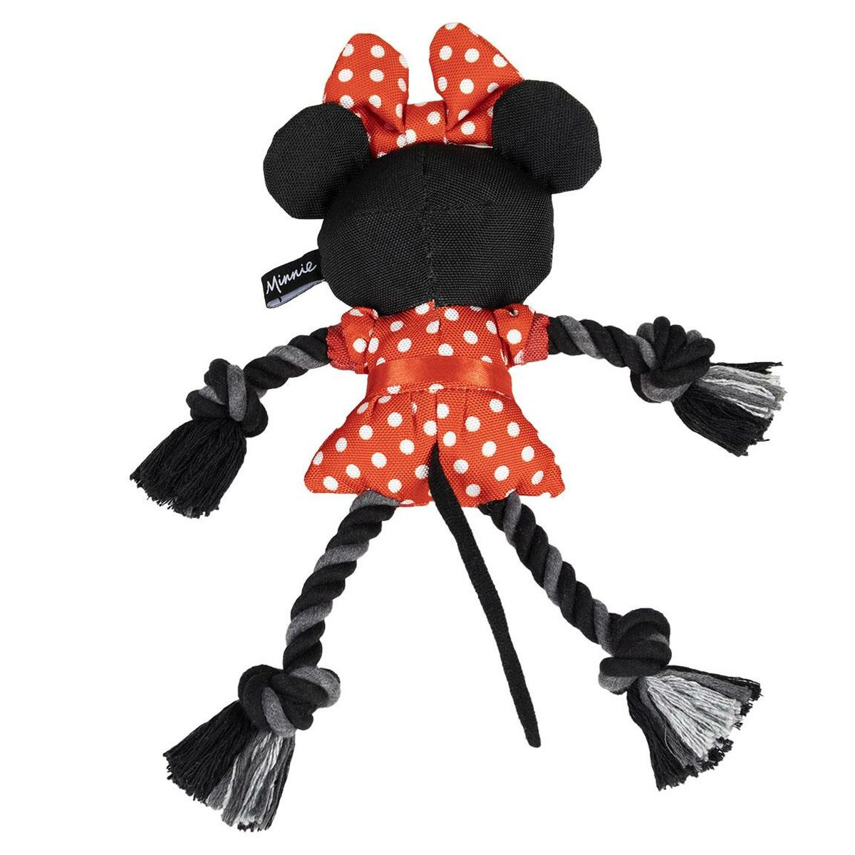 Peluche di Minnie Mouse, vestito a pois rossi, orecchie e fiocco neri, arti in corda.
