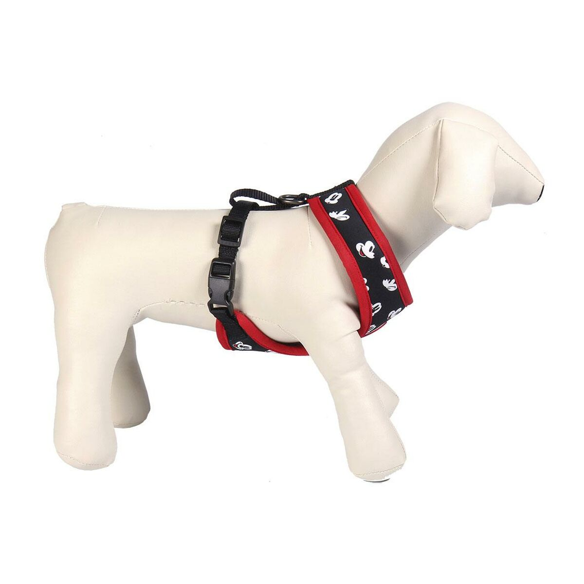 Hunde-Geschirr auf einer Schaufensterpuppe. Es ist rot und schwarz mit einem weißen Mickey-Mouse-Muster.