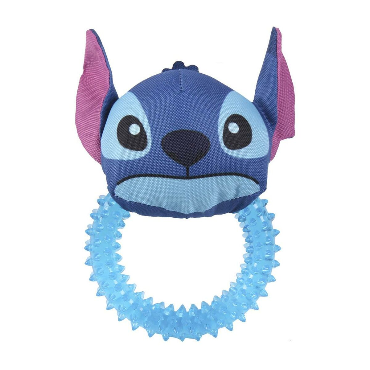 Peluche blu di Stitch con un anello blu attorno al collo.
