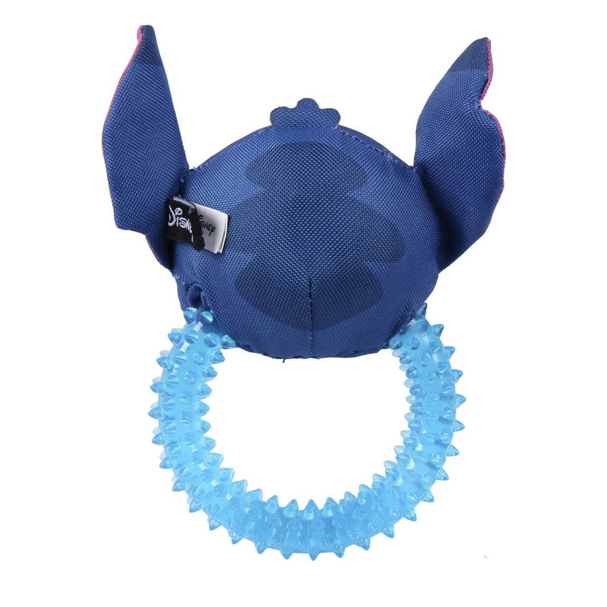 Giocattolo per cani Stitch blu. Il giocattolo è una testa di Stitch su un anello blu spinato.