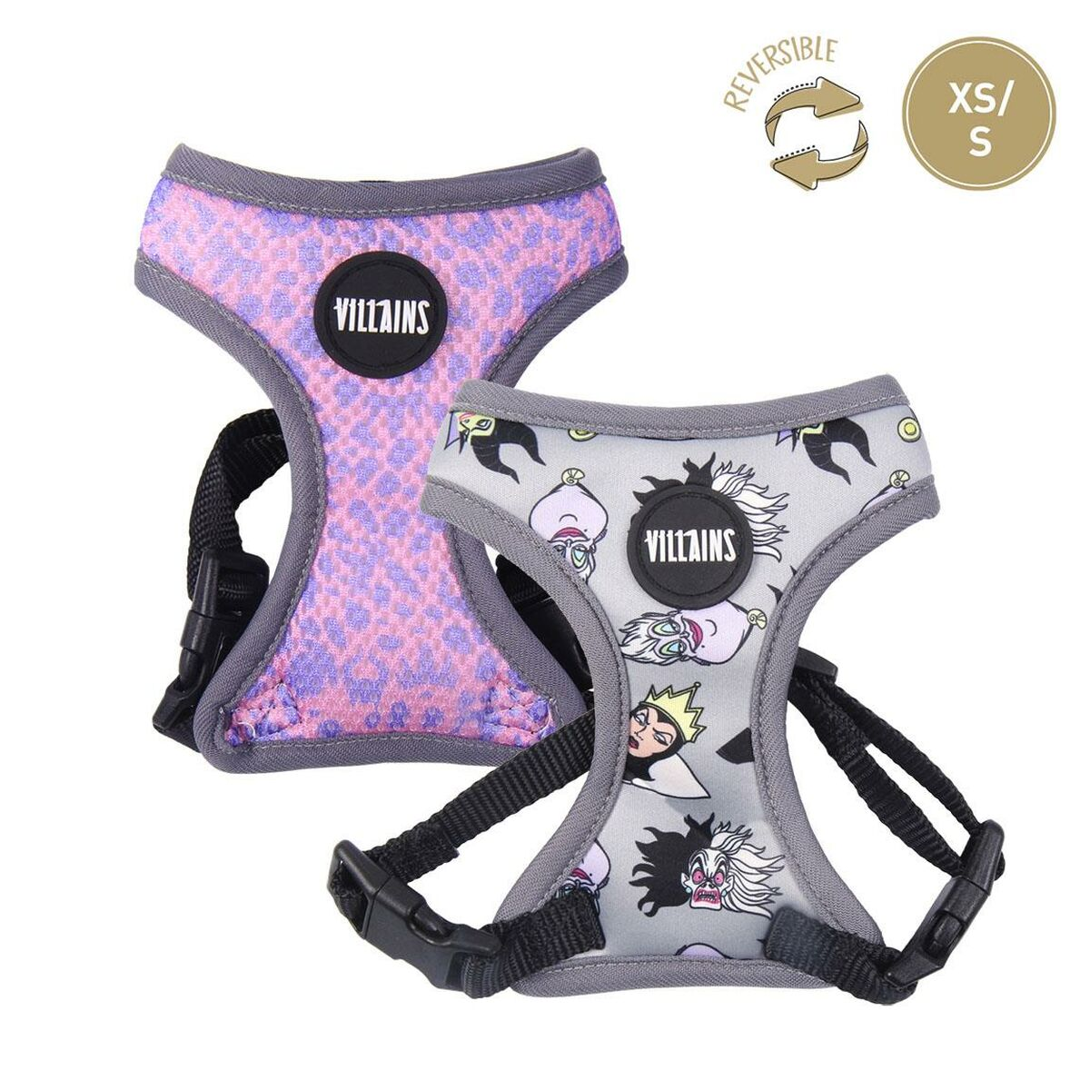 Zwei Hunde-Geschirre. Eines rosa mit Muster und eines grau mit Zeichentrick-Bösewichten.
