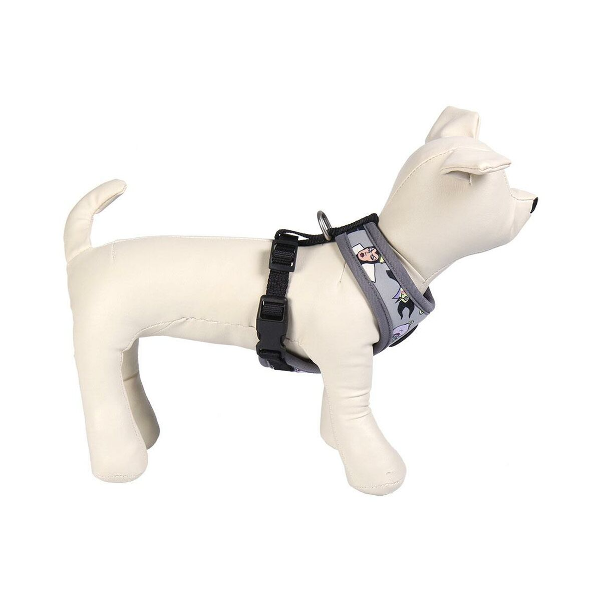 Ein graues Hundegeschirr an einem weißen Hundemodell. Das Geschirr hat schwarze Riemen und ein Cartoon-Design.
