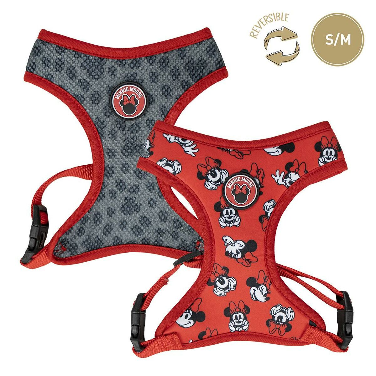 Zwei wendbare Hundegeschirre, eins grau, eins rot, beide mit Minnie Mouse-Grafiken.