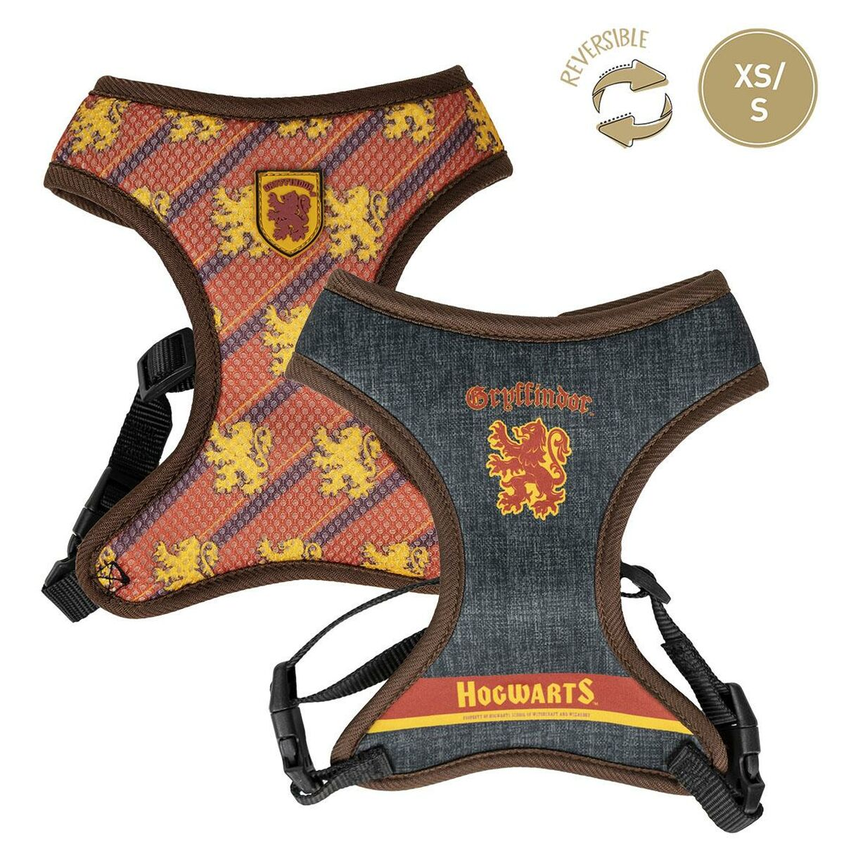 Dos arneses reversibles para perros con diseños temáticos de Harry Potter.